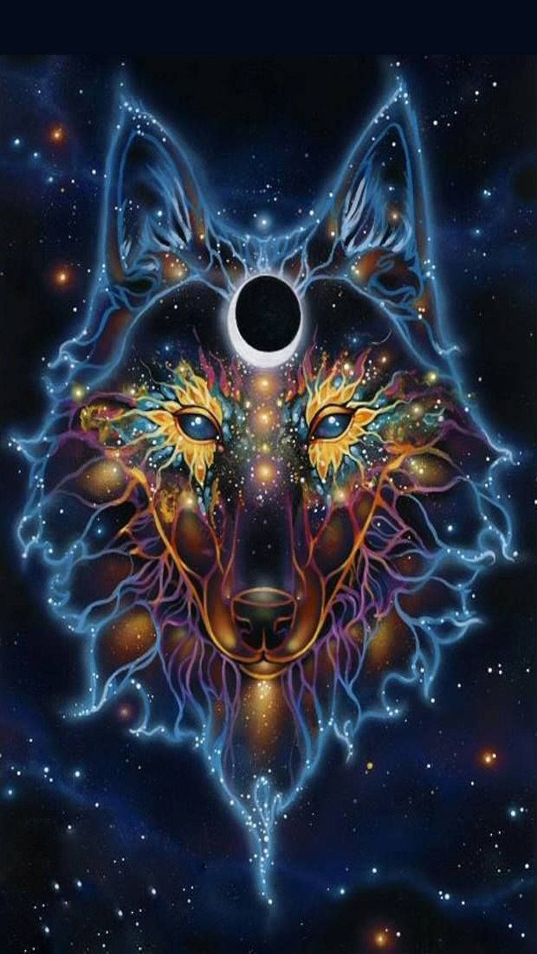 銀河狼與日月 壁紙 — 一隻宇宙狼，擁有發光的眼睛和電藍色毛髮，背景是星空夜空，額頭上有日食。