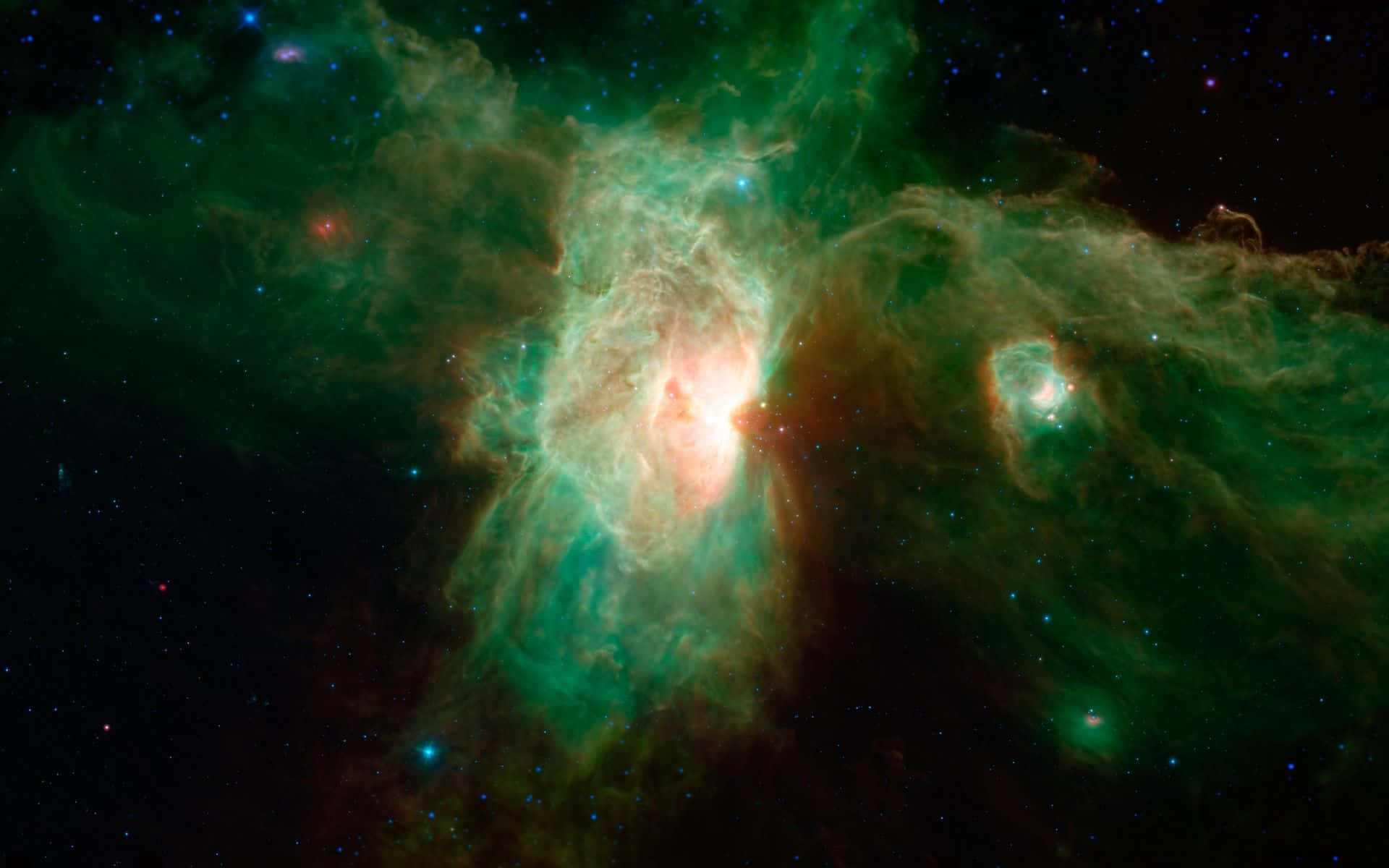 在深空中帶有星星的發光綠色和橙色星雲。