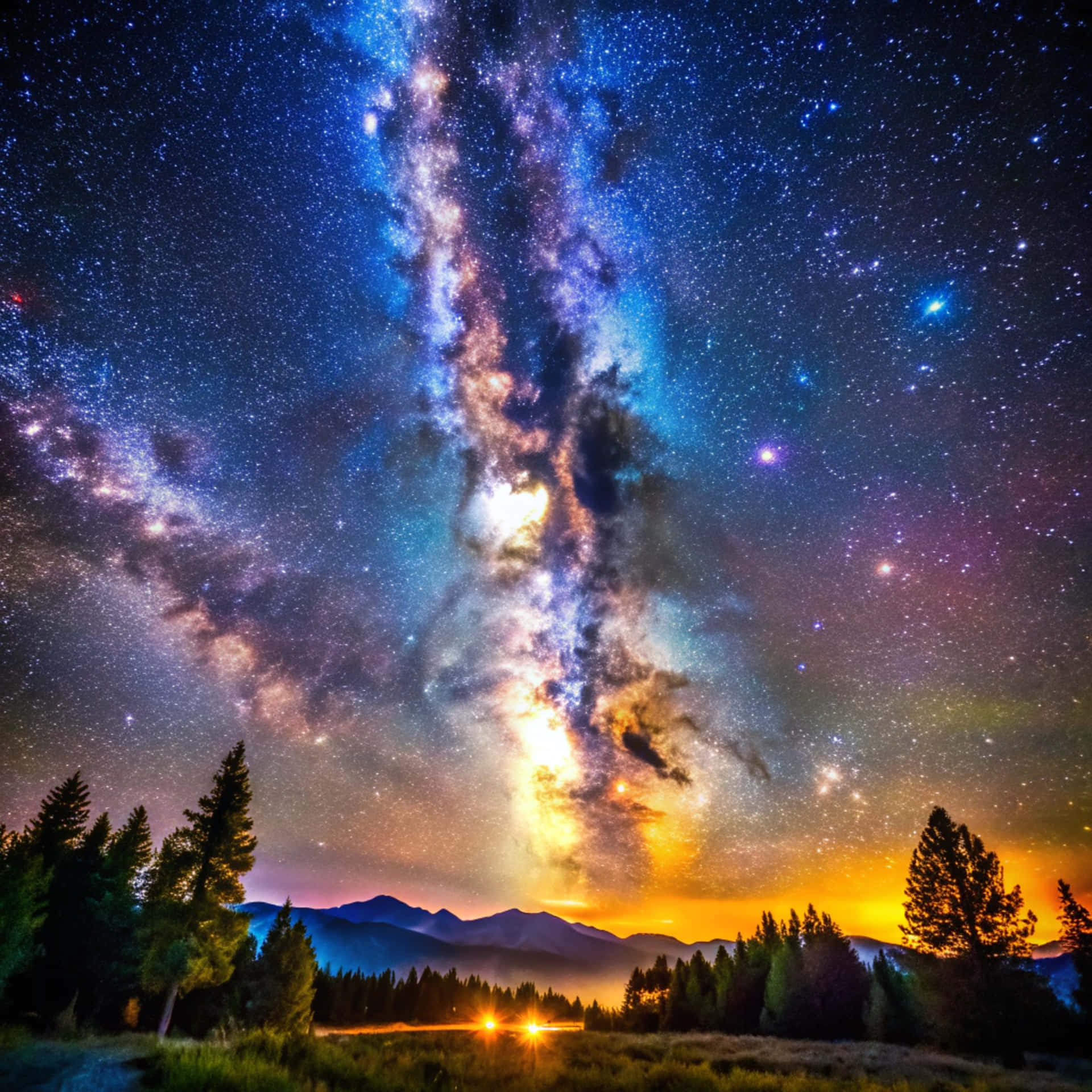 黃昏時分，銀河系在山脈和樹木上方，地平線發光