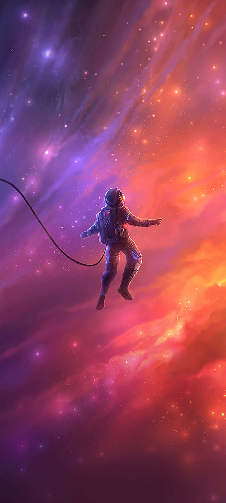 太空人在色彩繽紛的宇宙星雲中漂浮，帶有紫色和橙色雲層。