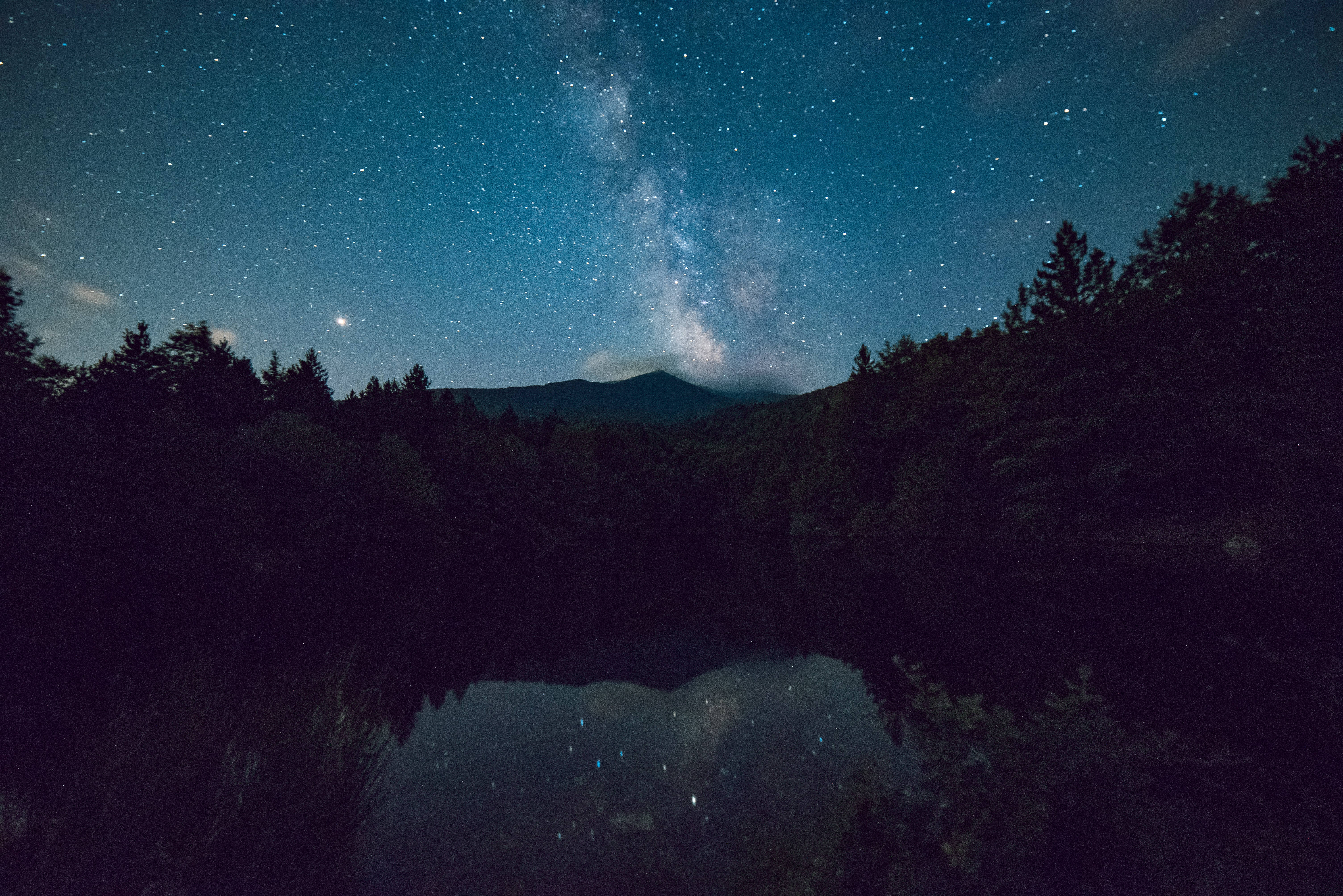 夜空 桌布 壁紙 — 銀河系在繁星點點的夜空下，在黑暗森林環繞的寧靜湖泊上空劃出一道弧線。