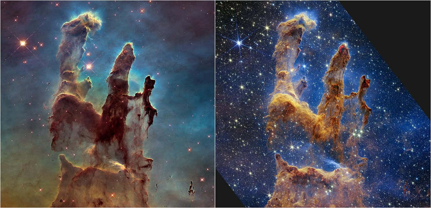 銀河系天文圖像 壁紙 — 在天鷹星雲中，發光的氣體和塵埃宇宙柱狀結構在星場背景下雄偉地升起。