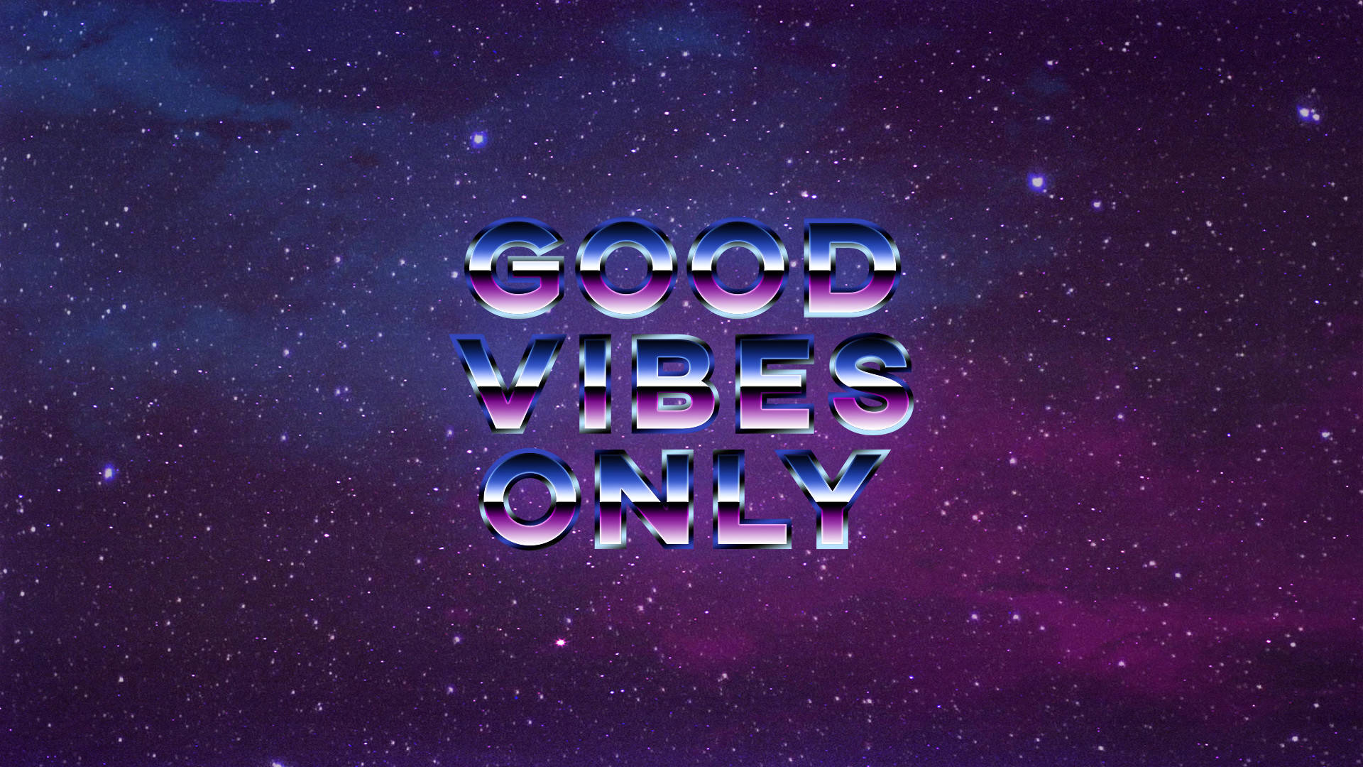 銀河系好氣氛 壁紙 — 大膽的金屬文字寫著「GOOD VIBES ONLY」，背景是充滿活力的紫色星空，帶有發光的星雲。
