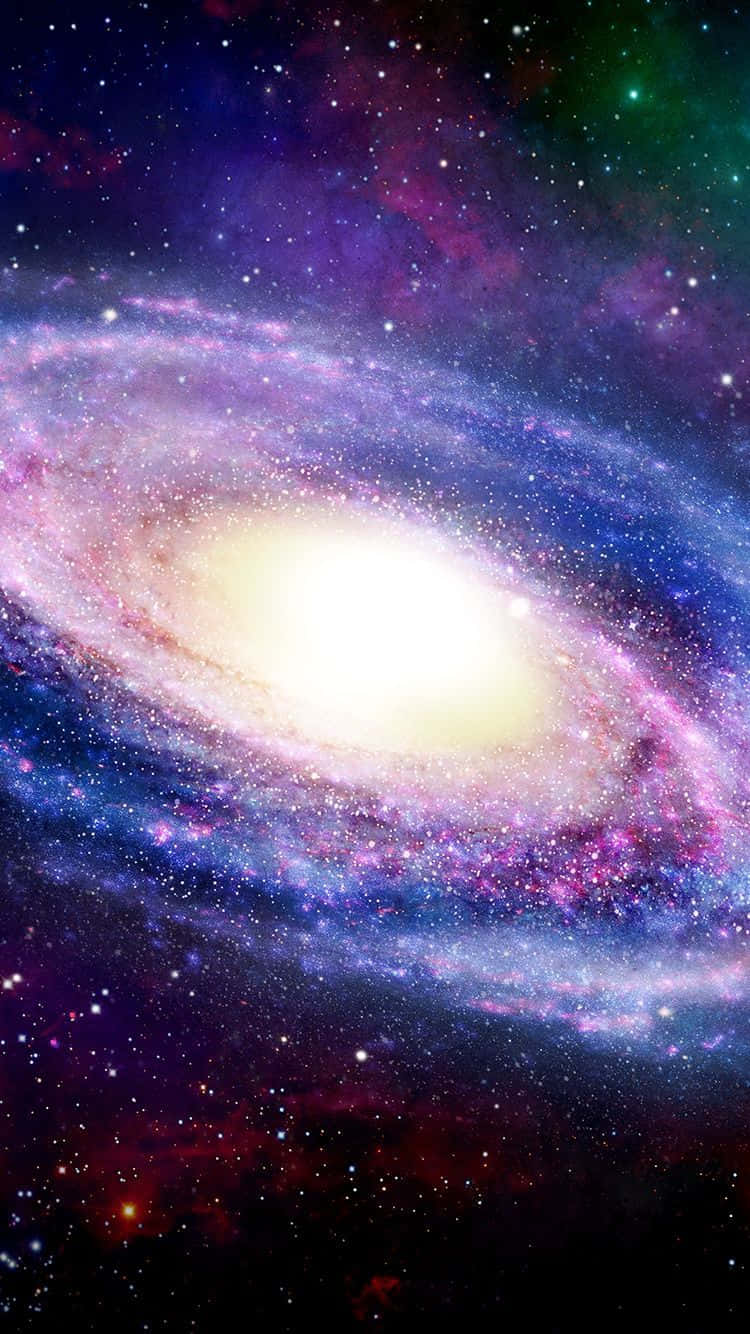 一個色彩繽紛的螺旋星系，帶有發光的旋臂和散落的星星。