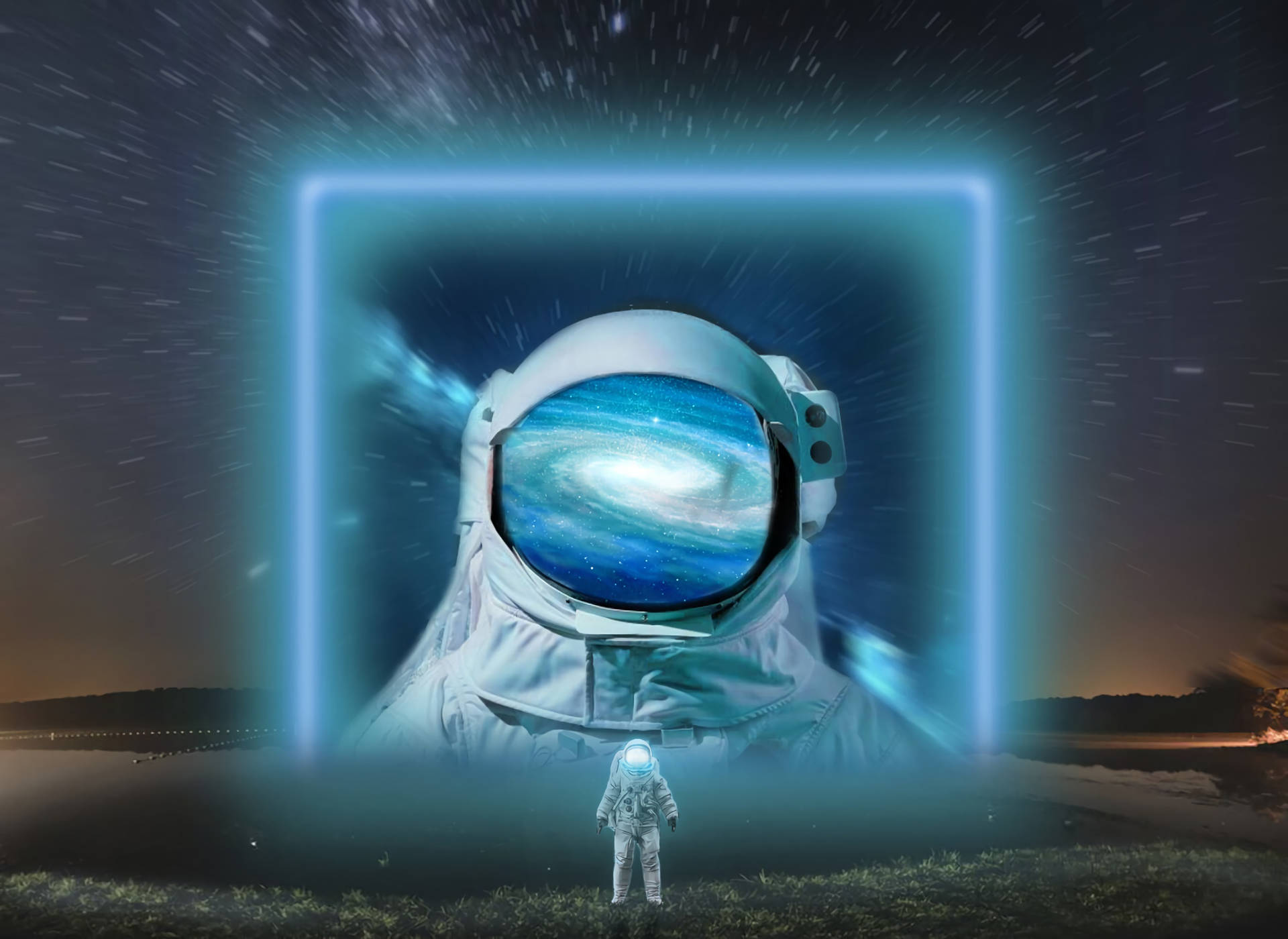 小太空人仰望巨大頭盔，頭盔通過傳送門在夜空中顯示星系