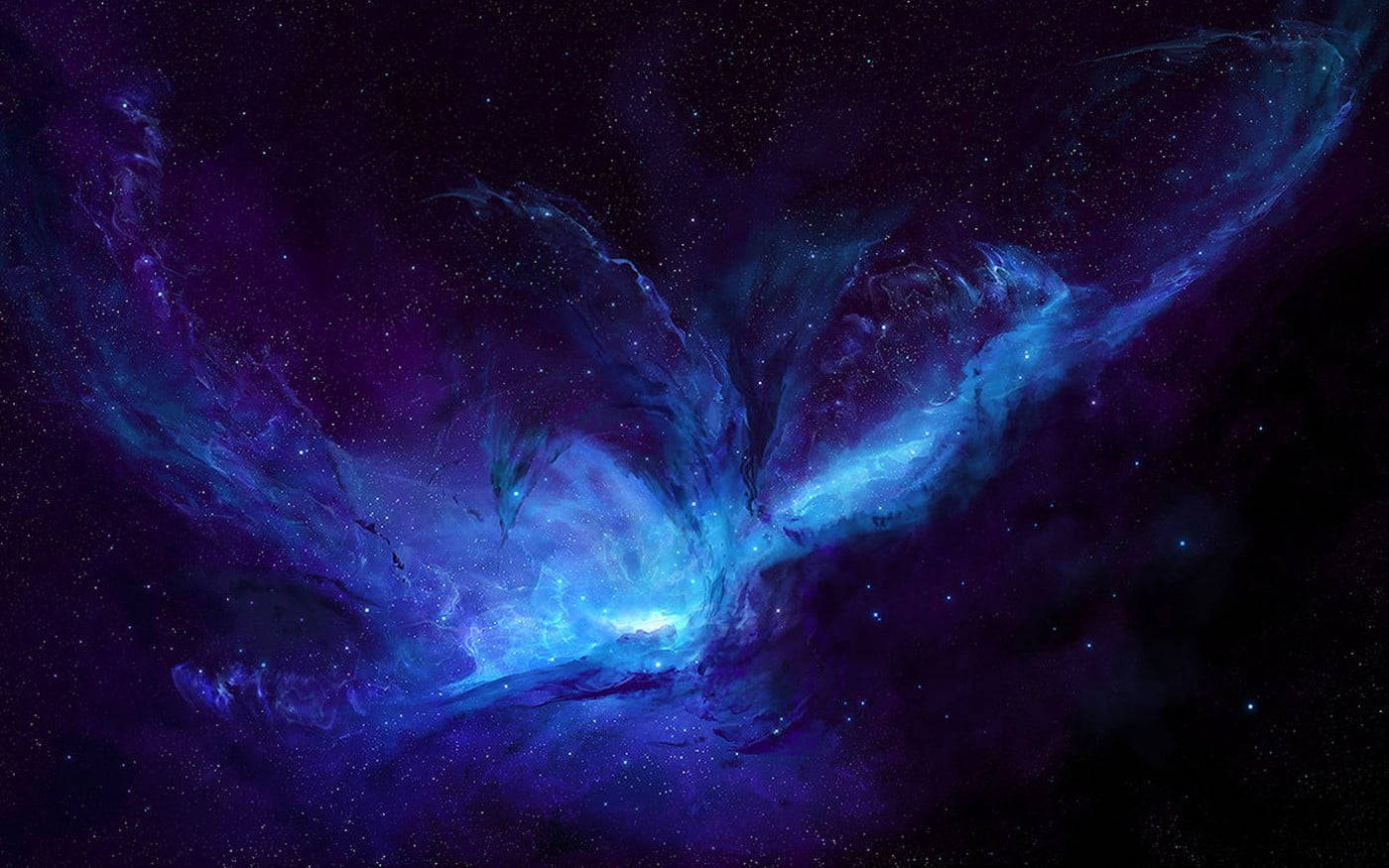 在深空中發光的藍色和紫色星雲，伴有星星。