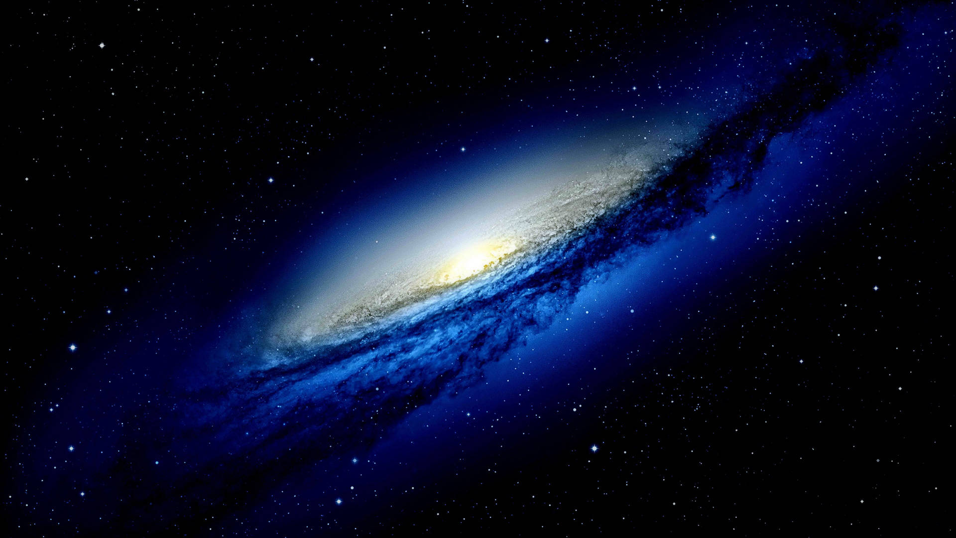 一個發光的螺旋星系，帶有藍色旋臂和明亮的核心，周圍環繞著星星。
