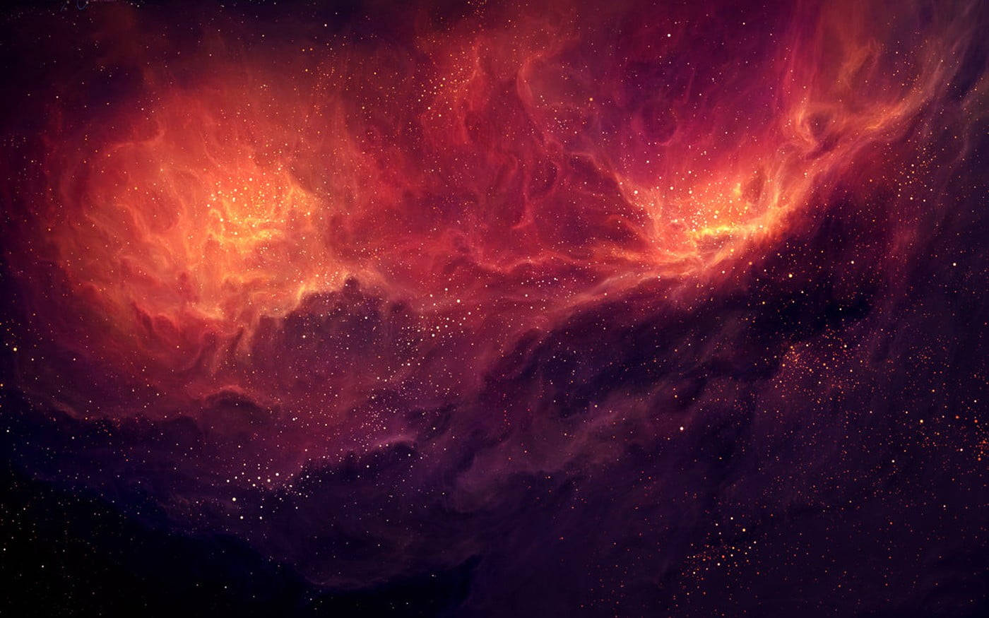 深空中帶有發光星體的火紅和紫色星雲。