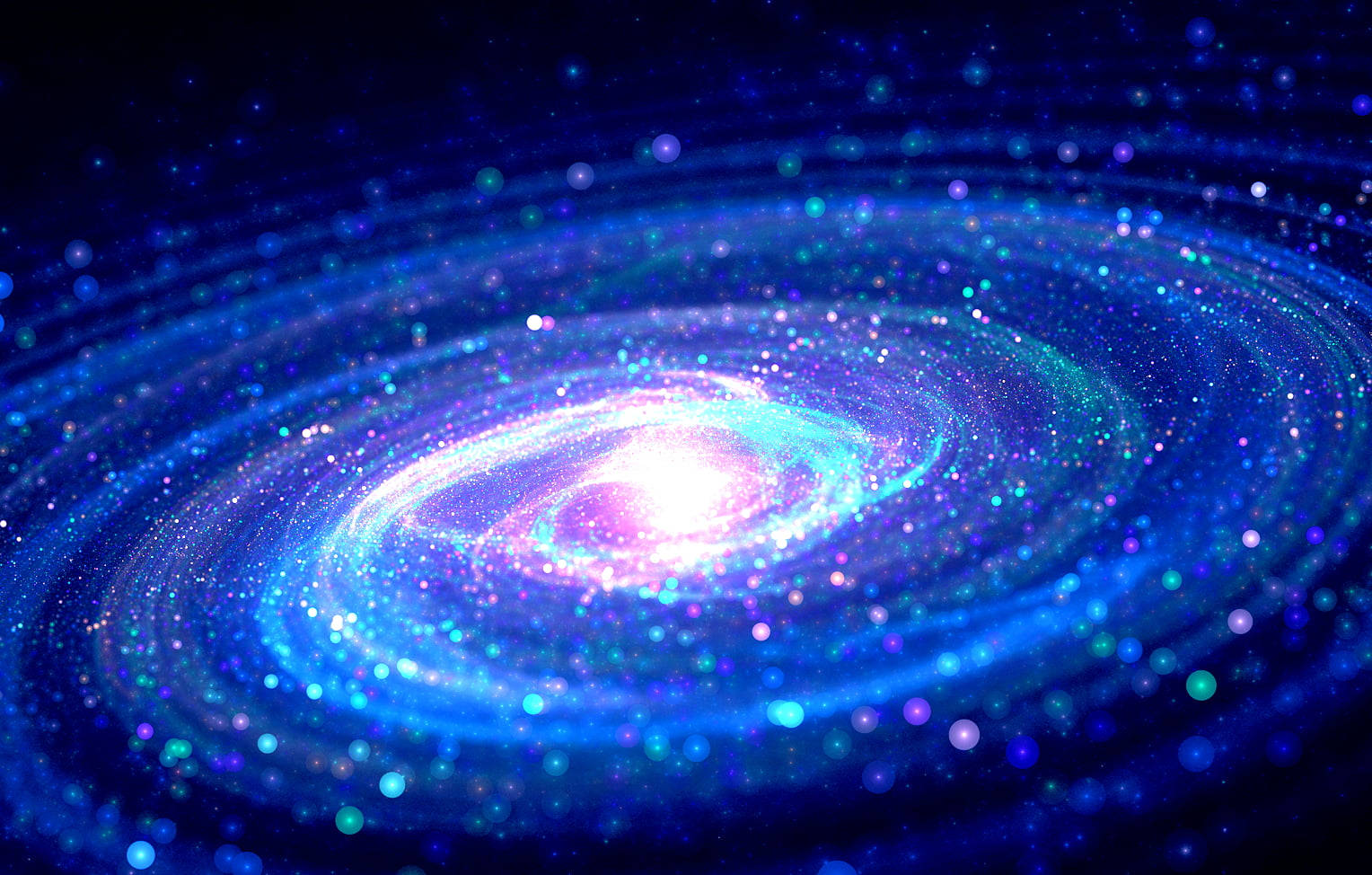 一個閃爍的螺旋星系，帶有藍色和紫色色調，被星星環繞。