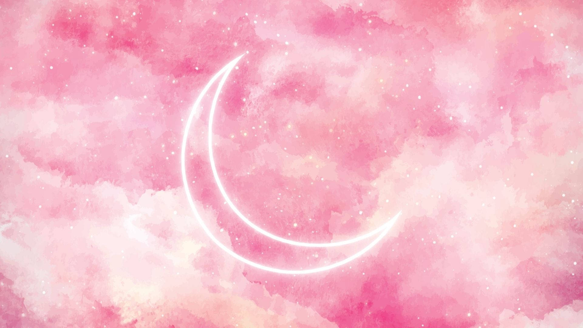 在粉紅色水彩天空中，一輪發光的彎月與星星。