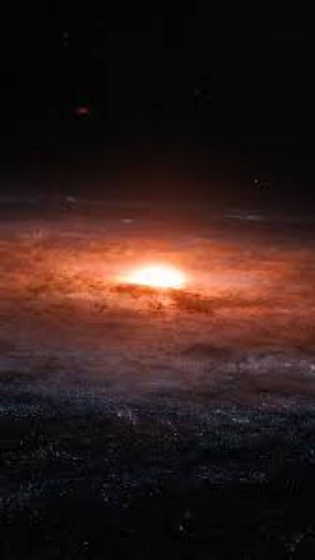 一顆發光的橙色太陽在一個黑暗星球上升起，下方有旋轉的雲層和城市景觀。