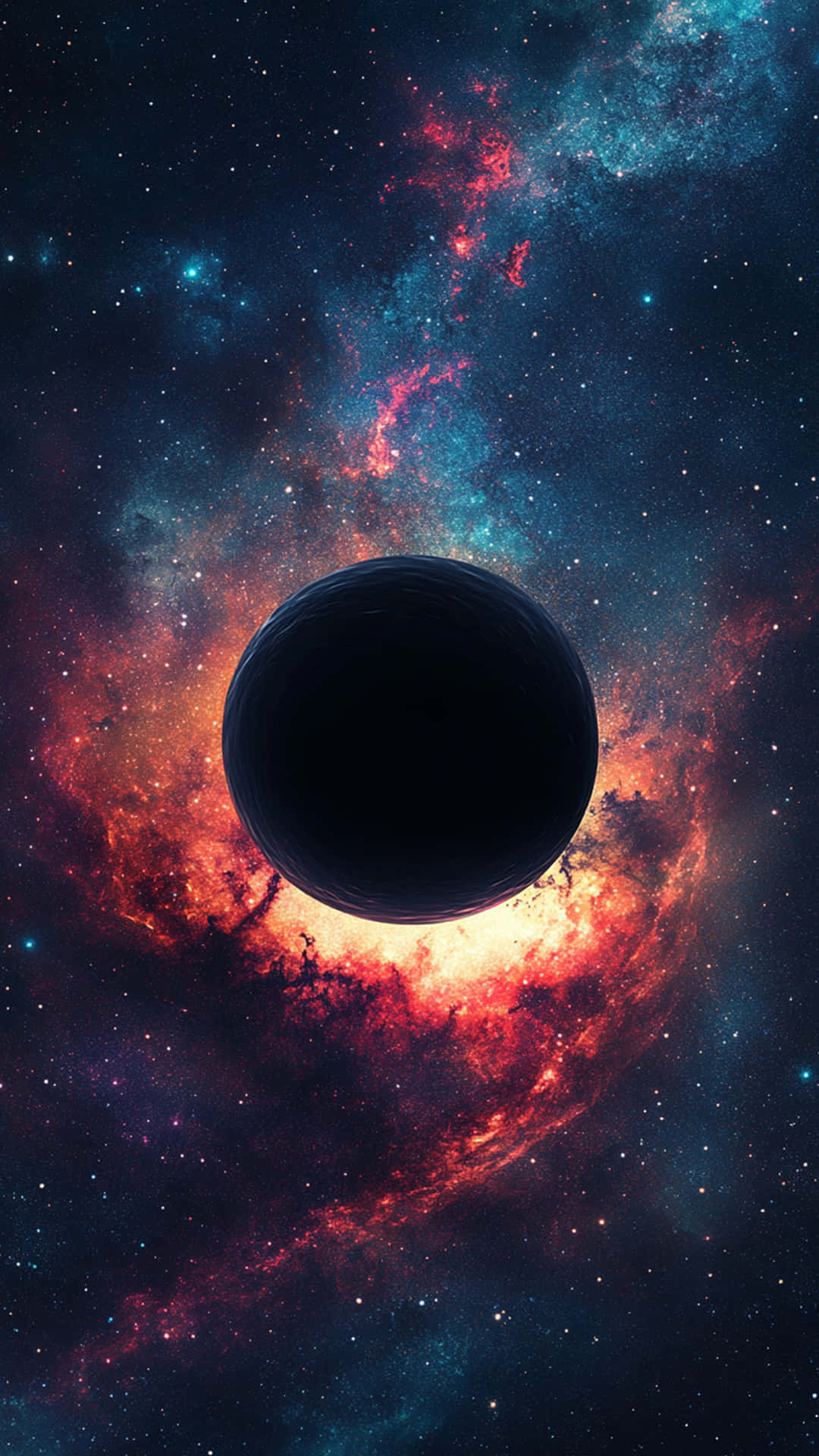 銀河與夜空背景 壁紙 — 一個黑洞主導著充滿活力的宇宙場景，有旋轉的紅橙色和青綠色星雲以及散落的星星。