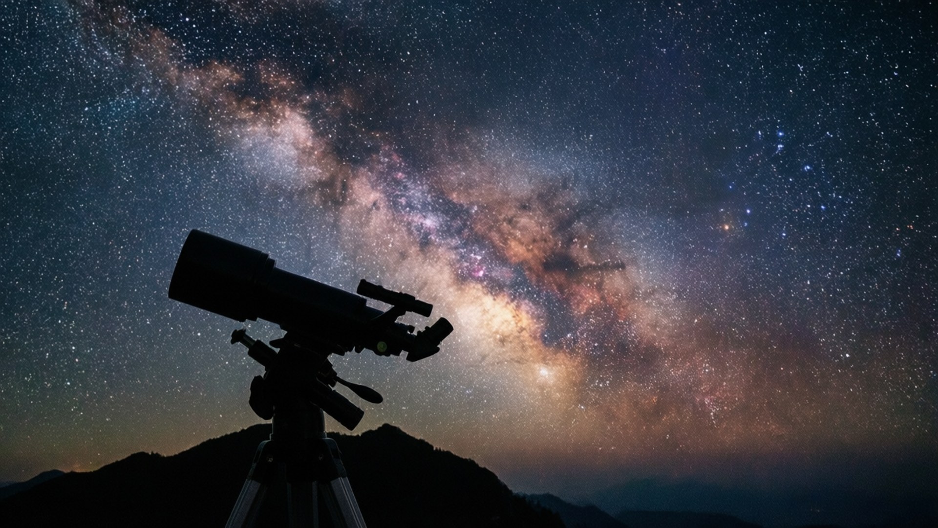 三腳架上的望遠鏡指向夜間黑暗山脈上空的銀河