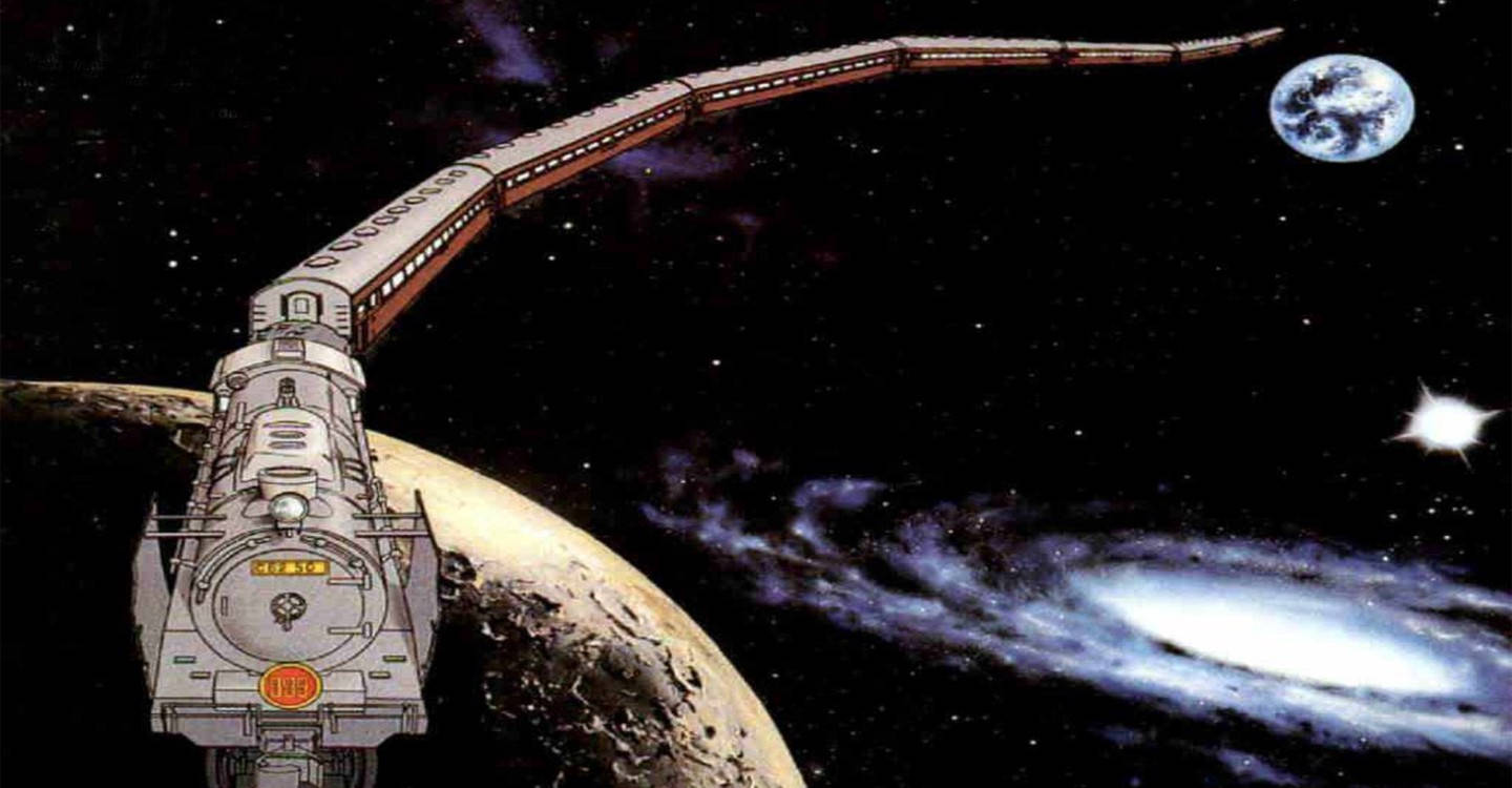 一架蒸汽火車在行星和螺旋星系附近穿越太空。