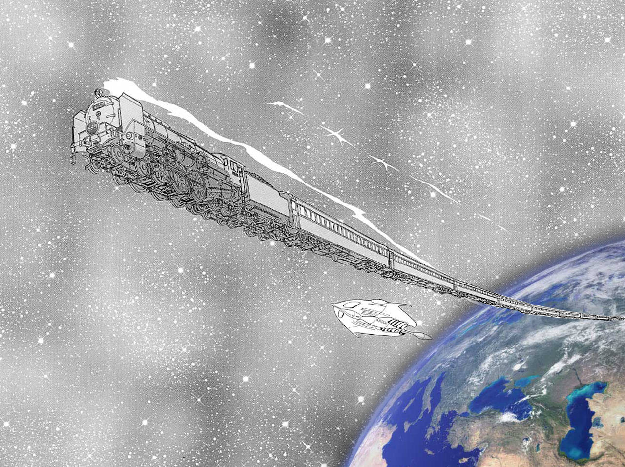 《銀河鐵道999》漫畫分鏡 壁紙 — 一架復古蒸汽火車穿過地球上空繁星點點的太空，後面有一艘小型太空船。
