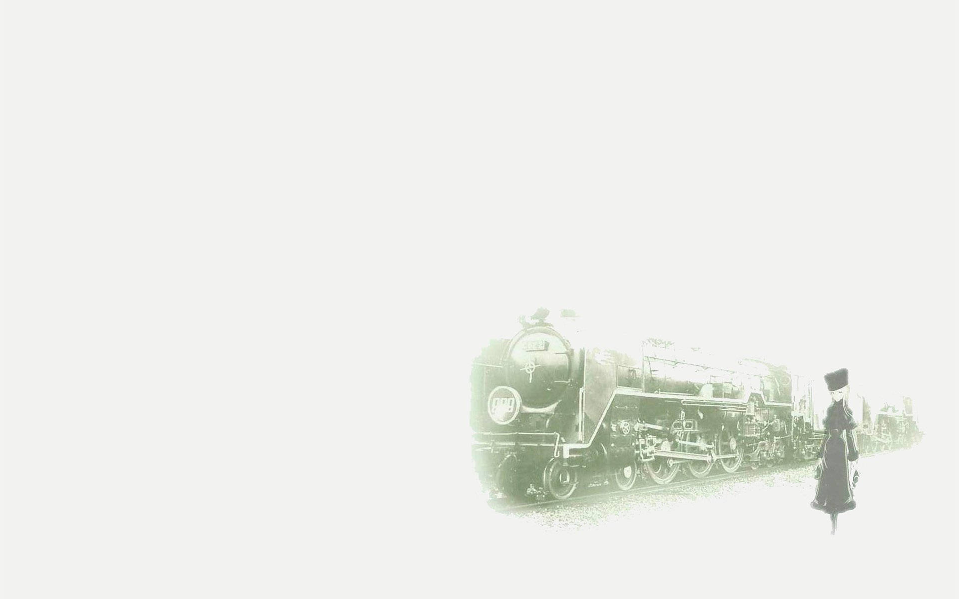 一個人在迷霧般的黑白場景中走在復古蒸汽火車旁。