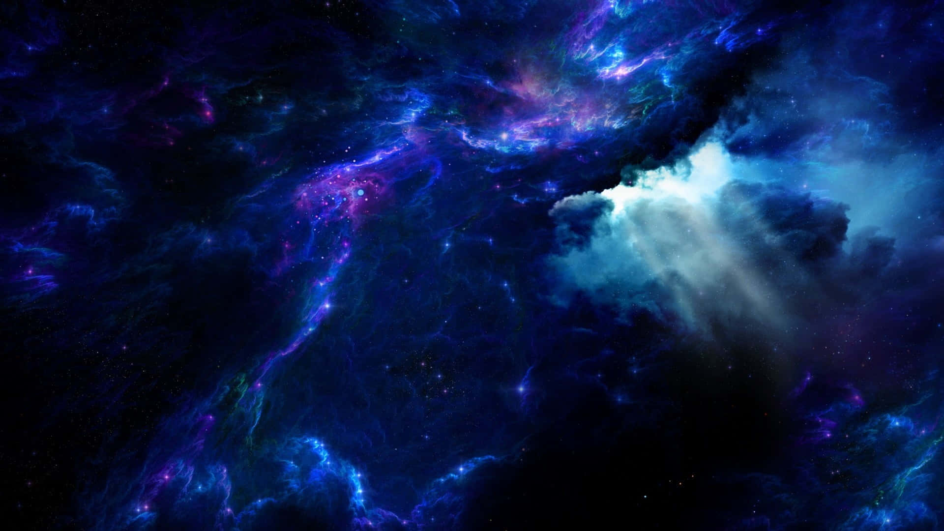 在星空背景下旋轉的藍色、紫色和白色雲團的宇宙星雲。