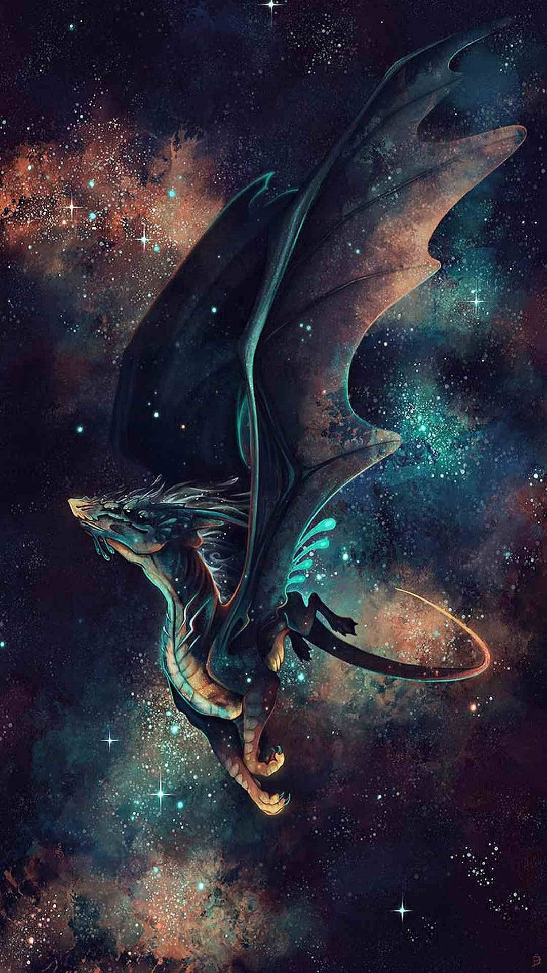 一條龍帶著發光的翅膀飛過色彩繽紛的星空星系。
