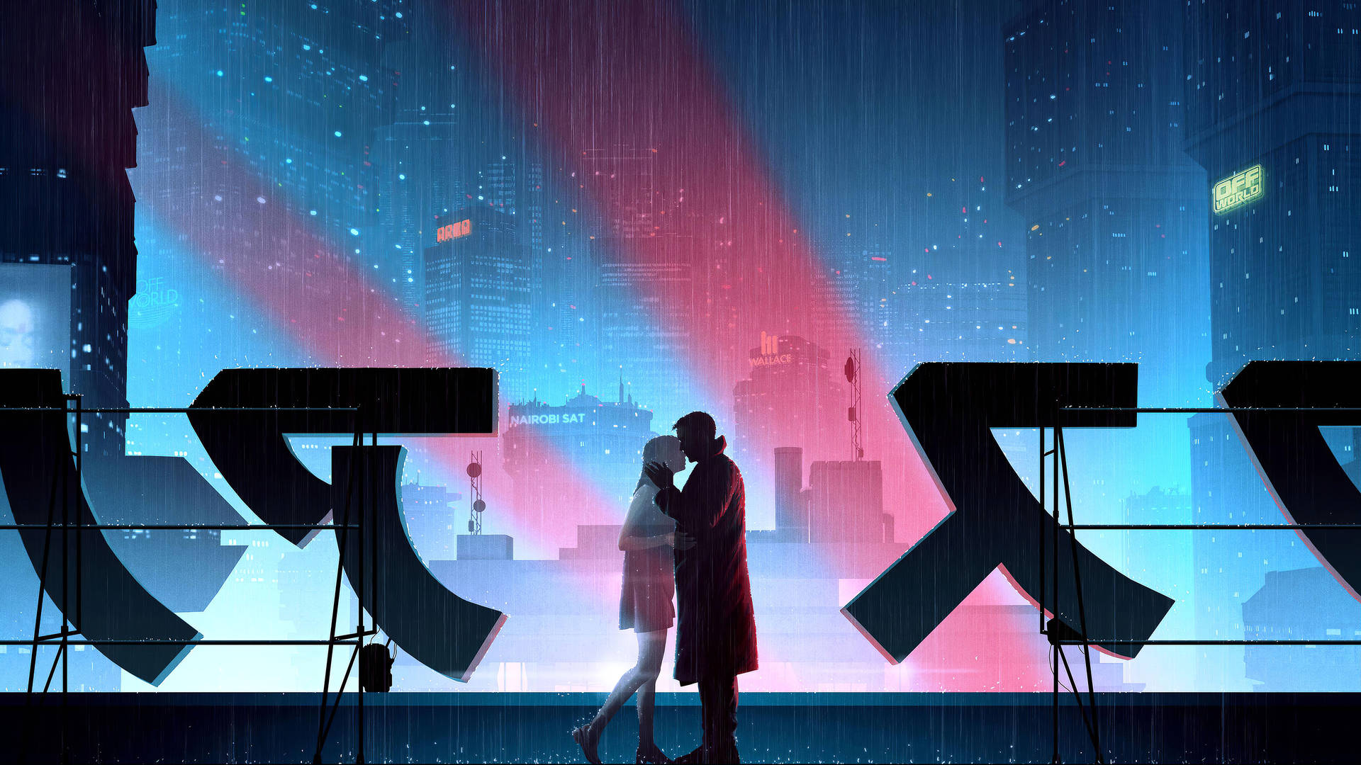 一對浪漫情侶在雨中的未來城市霓虹燈下接吻。