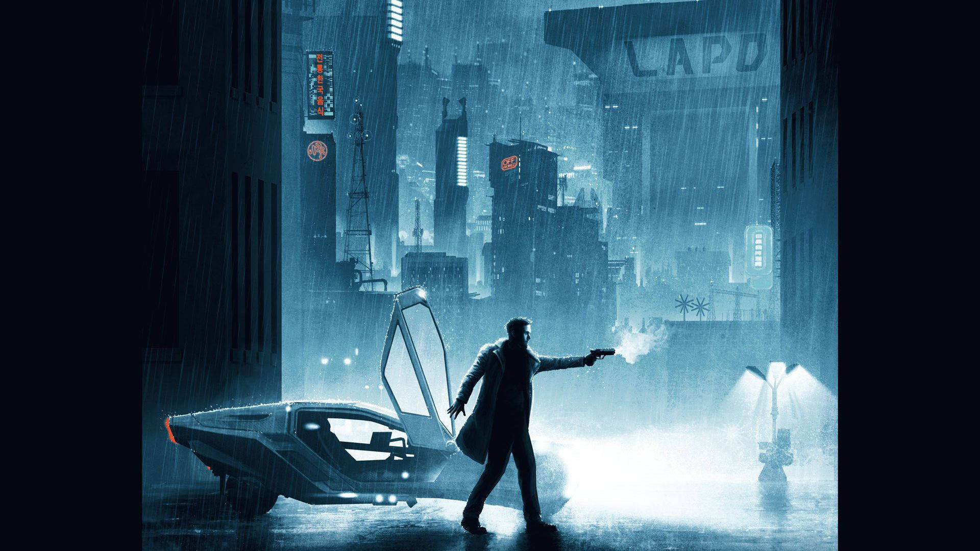 一個穿著風衣的男人在雨夜的霓虹城市中，從一輛未來主義的汽車中開槍。
