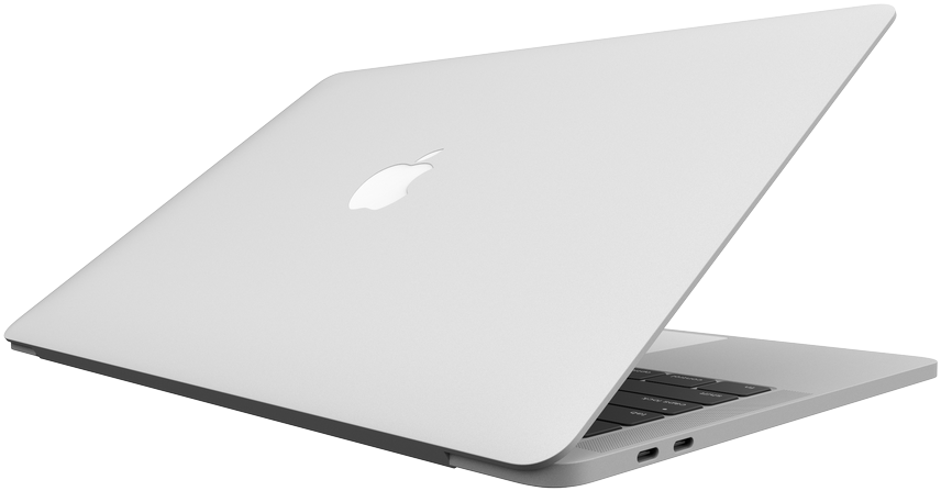 銀色 MacBook 閉合蓋 壁紙 — 一部時尚的銀色 MacBook 筆記型電腦以一定角度打開，置於純黑色背景上，展示其簡約設計和 Apple 標誌。