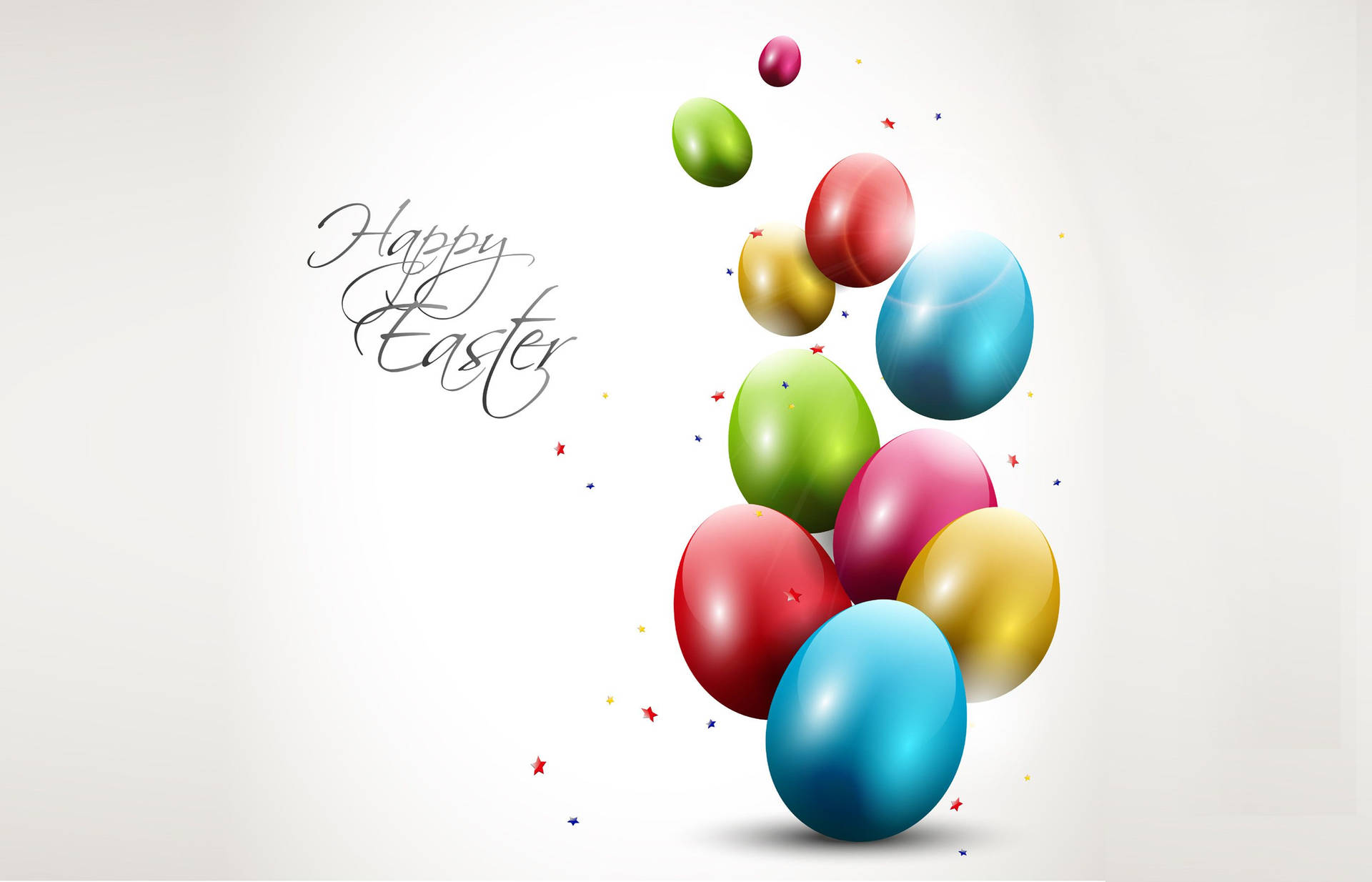 色彩繽紛的光澤復活節彩蛋與五彩紙屑和草書Happy Easter文字一起漂浮。