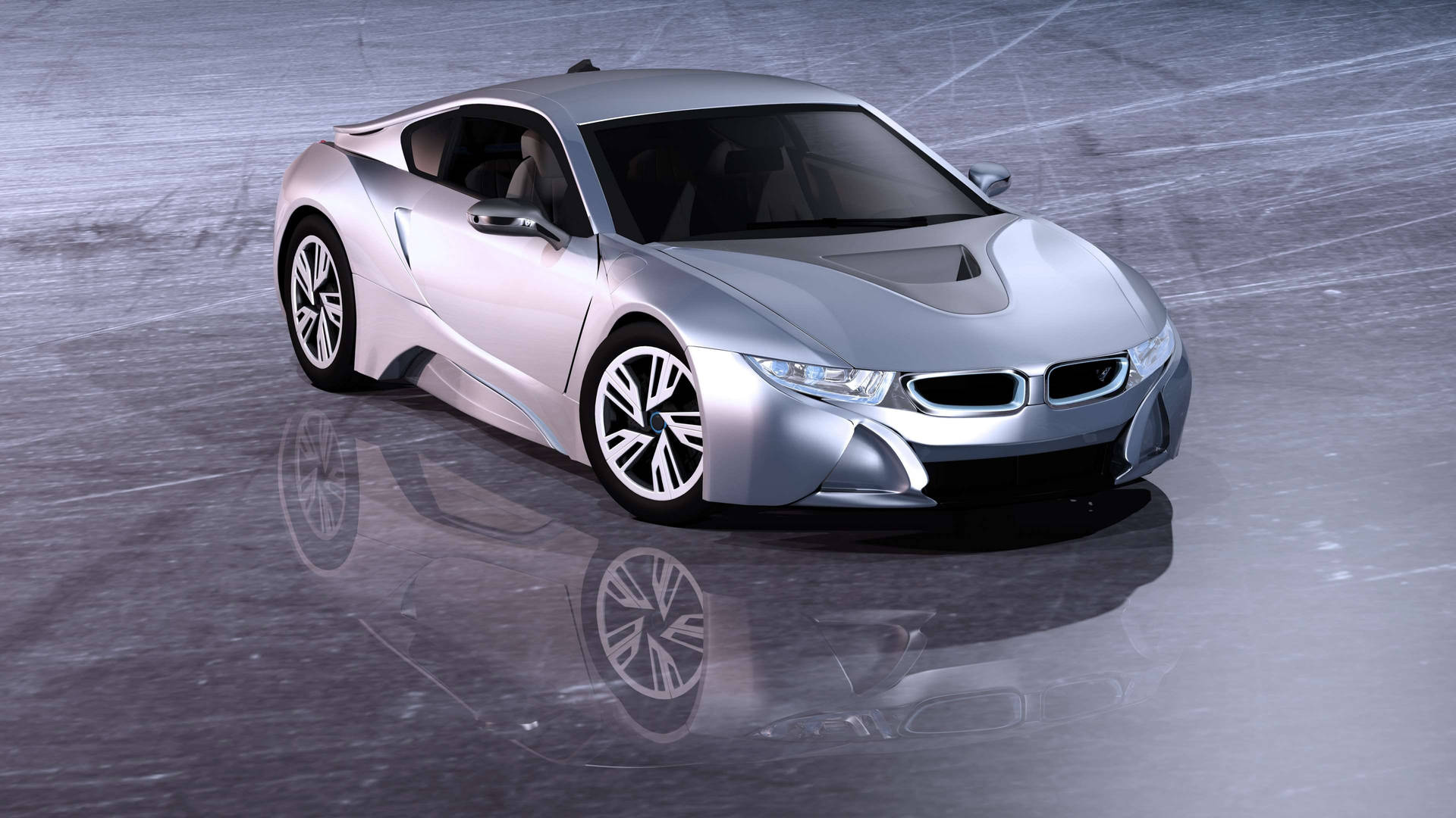 反光混凝土表面上的銀色BMW i8跑車。