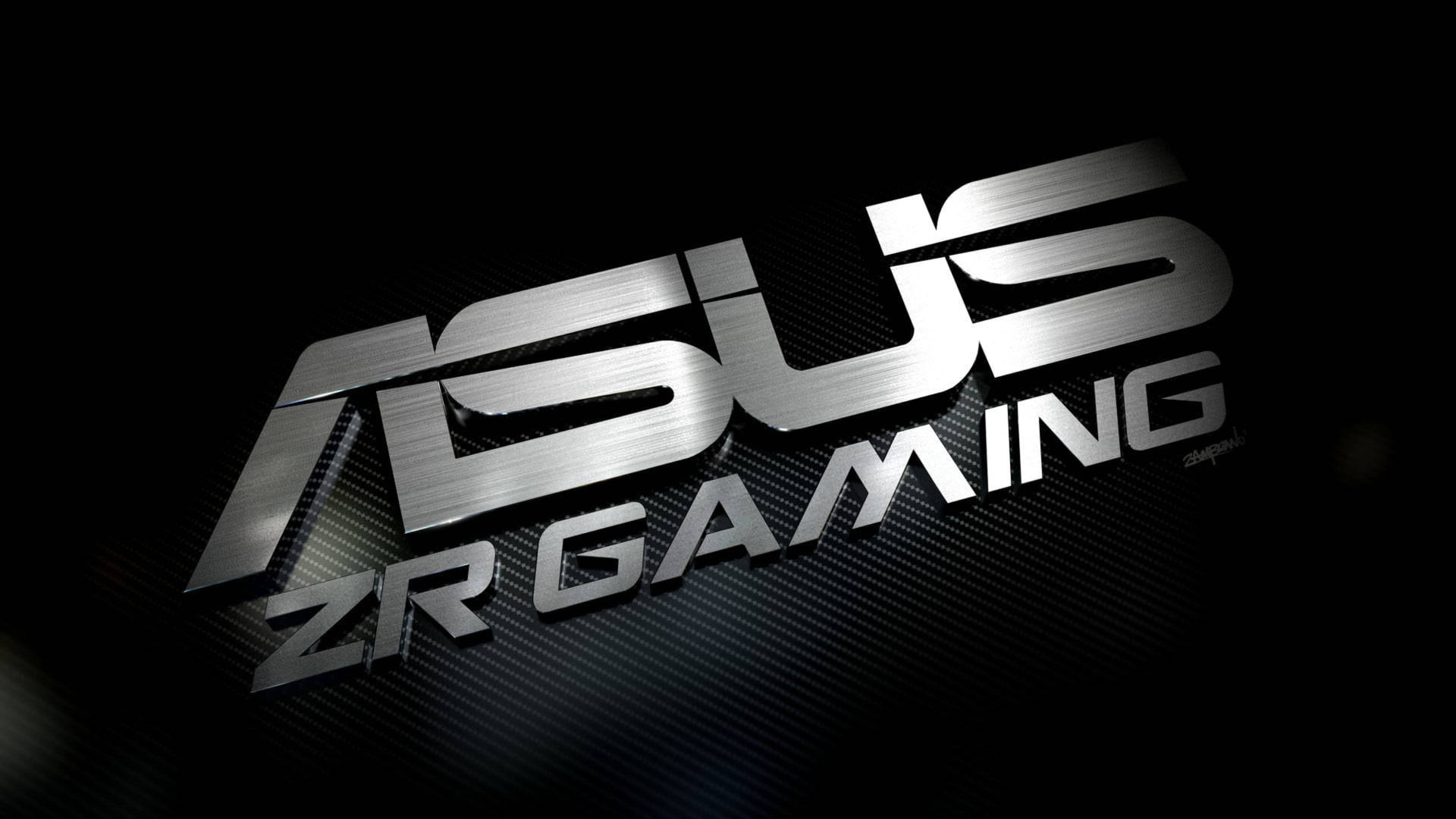 在碳纖維背景上帶有金屬飾面的ASUS ZR GAMING標誌。