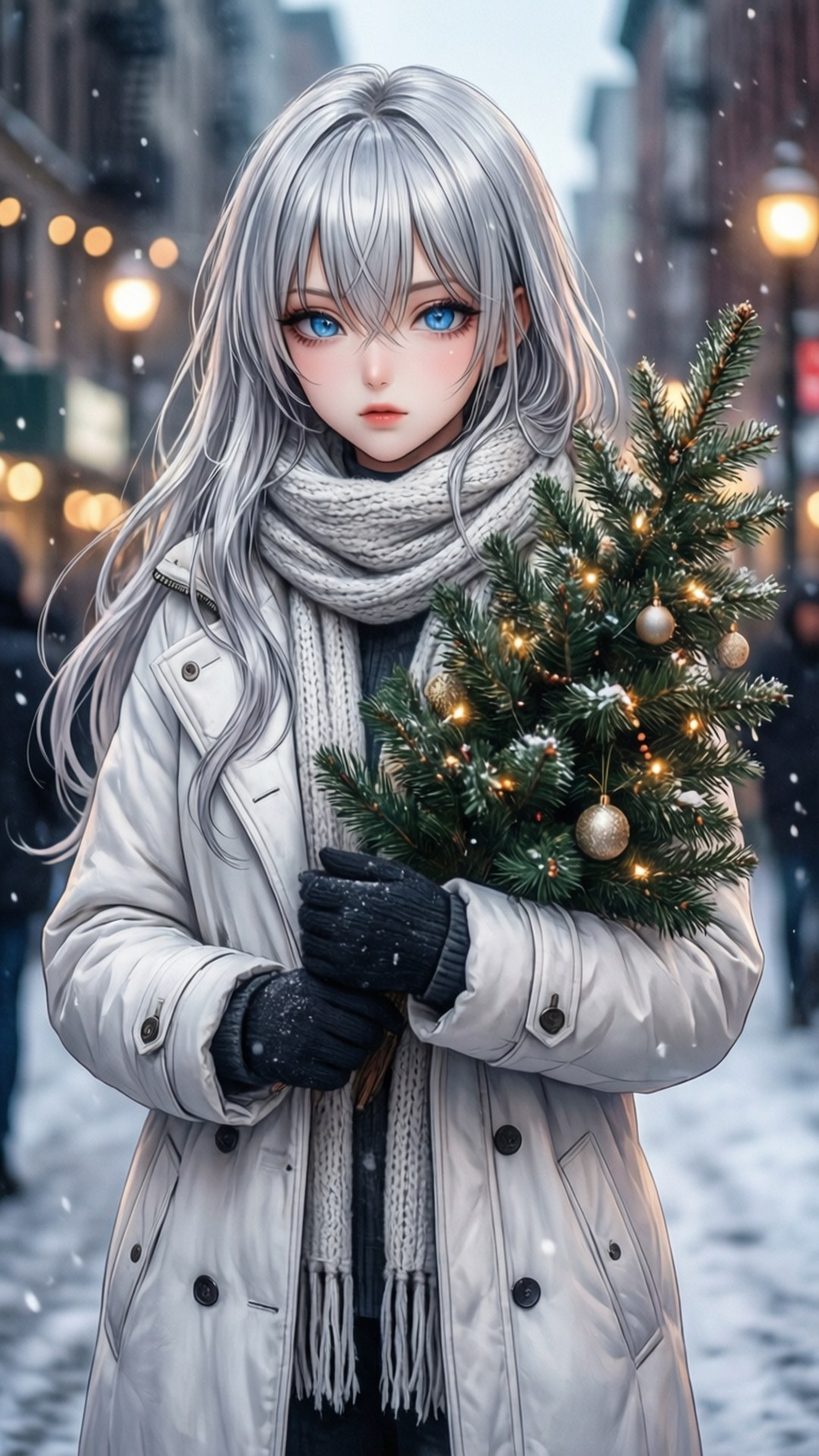 銀色冬日優雅 壁紙 — 一位銀髮動漫女孩穿著冬季外套，在黃昏時分的雪城市街道上抱著一棵裝飾好的聖誕樹。