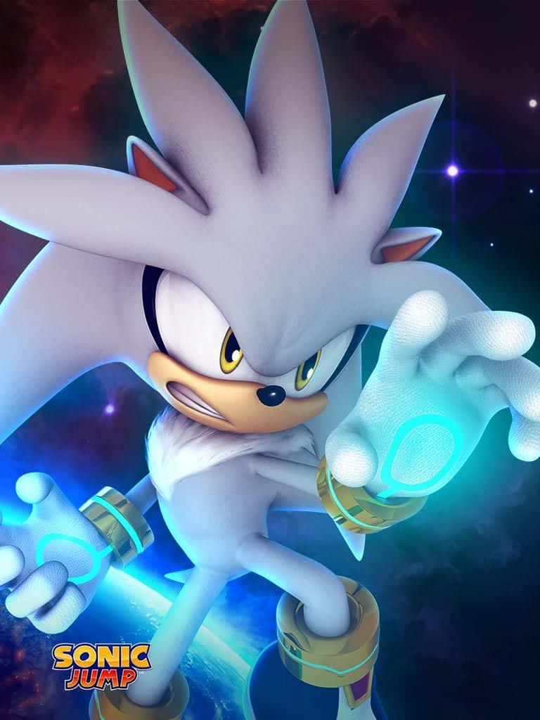 Sonic City Escape 桌布 壁紙 — 銀色刺蝟索尼克在星空宇宙背景下，雙手帶著發光的藍色環圈，動態地站立在太空中。
