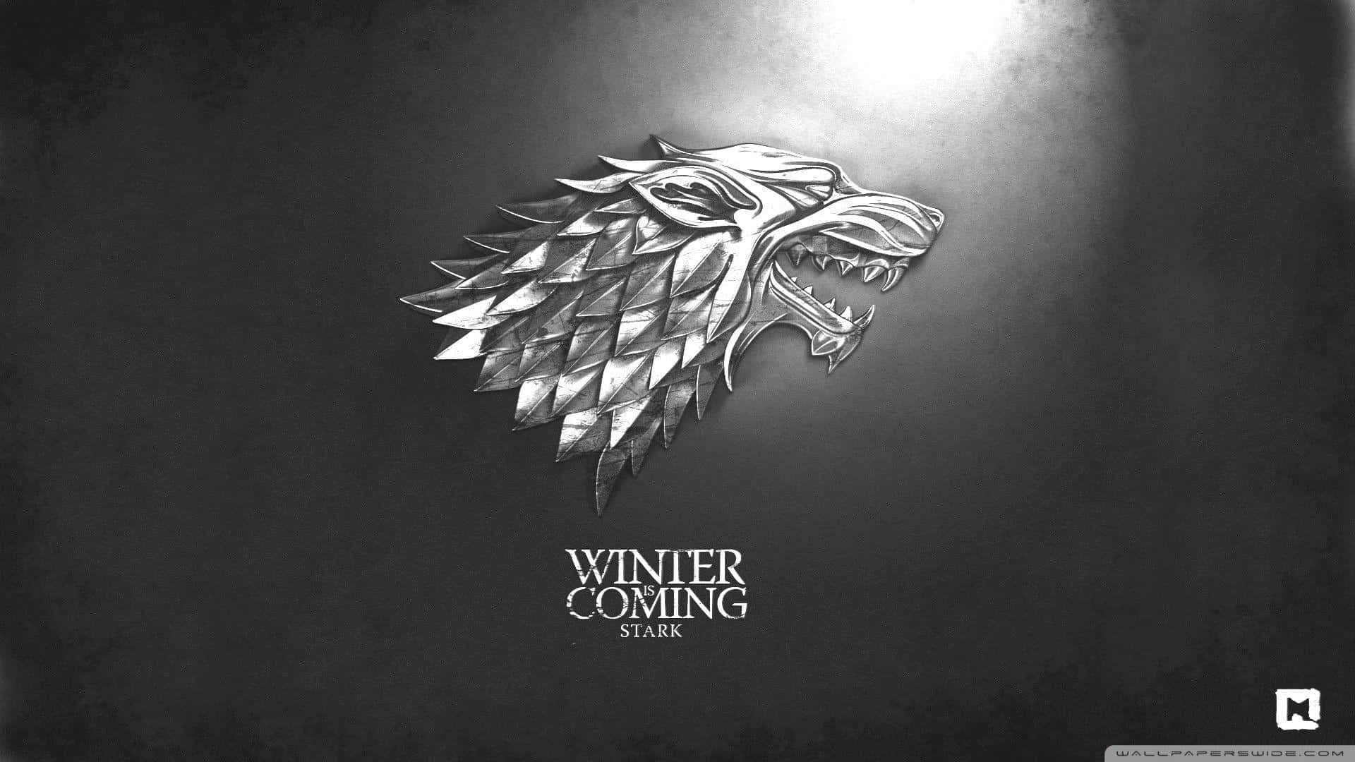 金屬冰原狼徽章，深色背景上帶有 'Winter is Coming Stark' 文字。