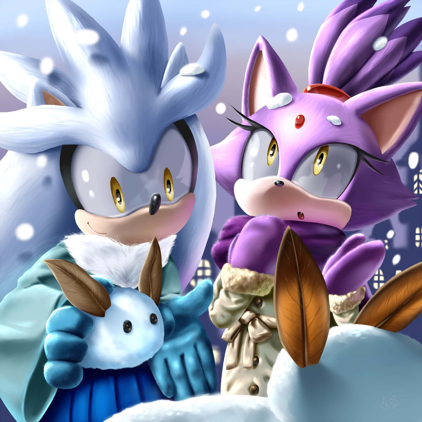 Sonic And Blaze 桌布 壁紙 — 銀色和火焰刺蝟站在雪白的冬日場景中，手持雪球和樹葉雪人。