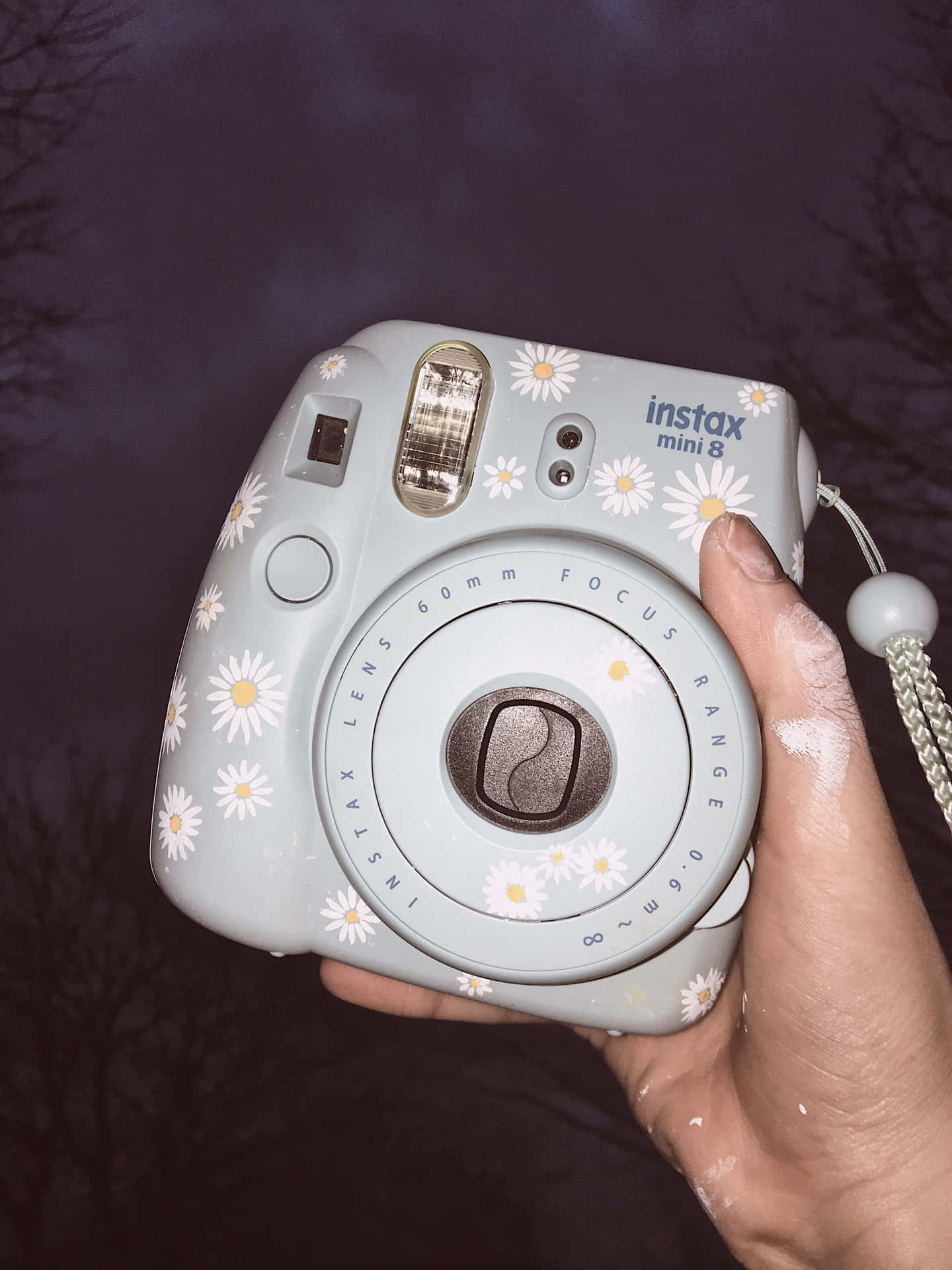 黃昏時手持雛菊圖案的 Instax Mini 8 相機。