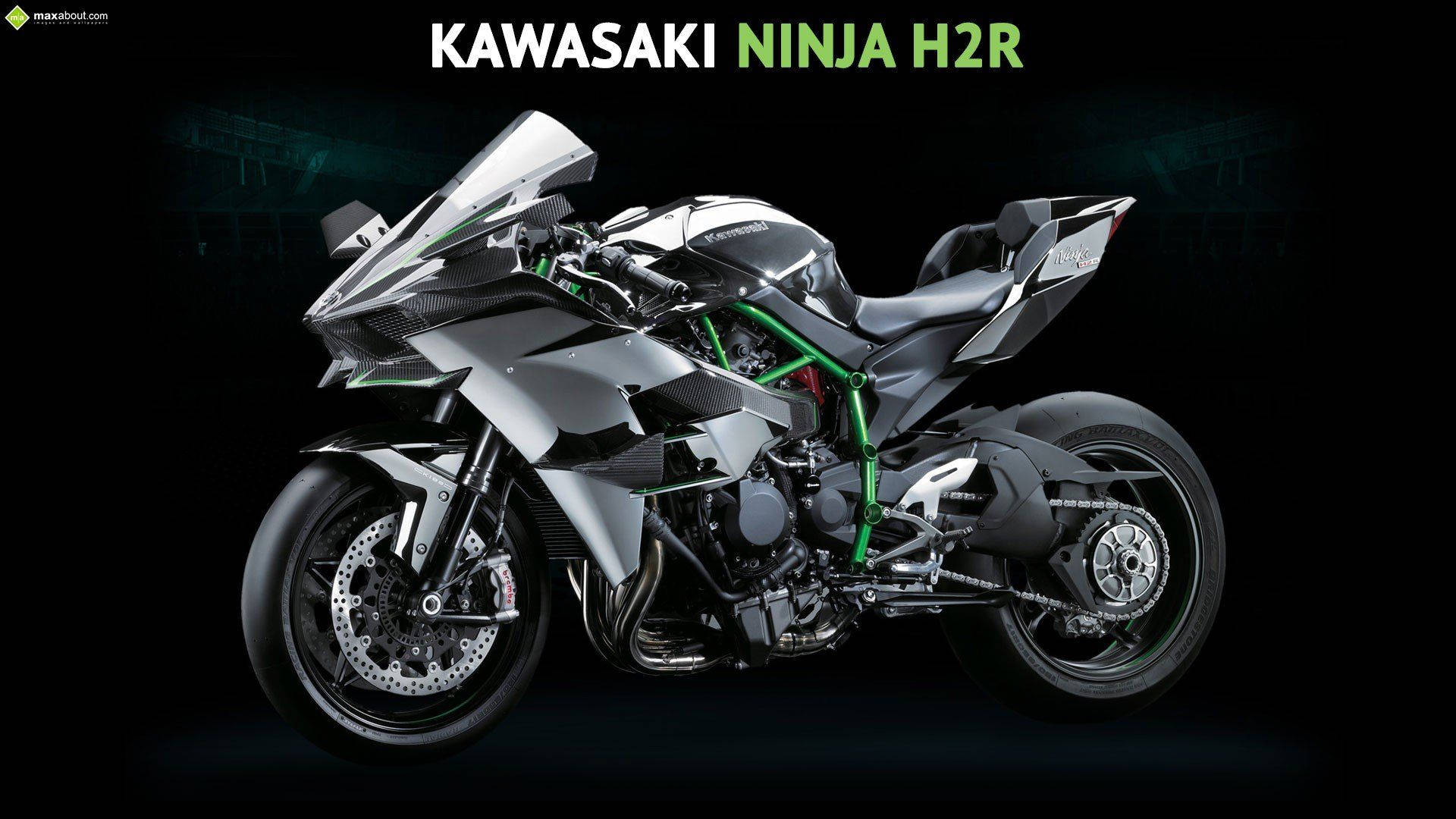 深色背景上帶有綠色點綴的銀色川崎忍者H2R跑車。