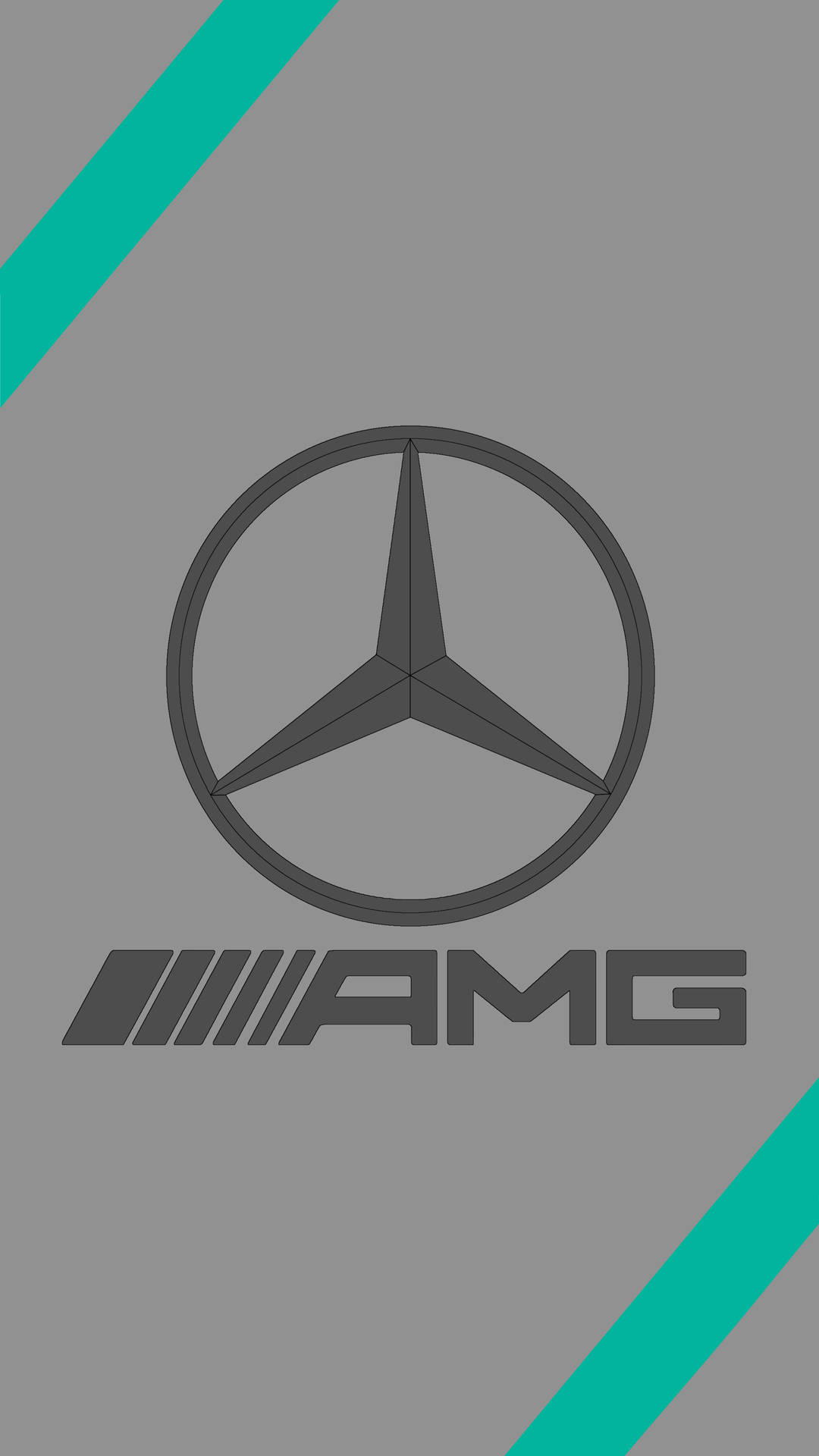 灰色背景上的 Mercedes AMG 標誌和青綠色斜紋。