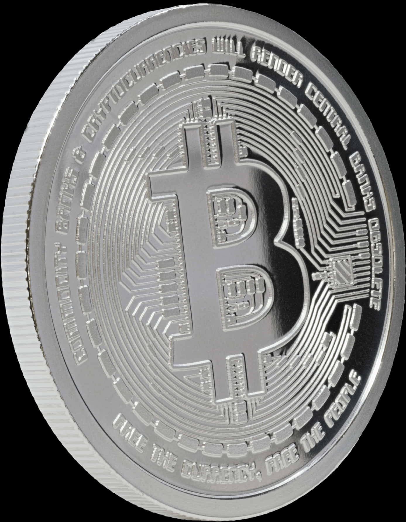 銀色比特幣紀念幣 壁紙 — 黑色背景上，一枚銀色比特幣硬幣的特寫，帶有電路板設計和雕刻文字。