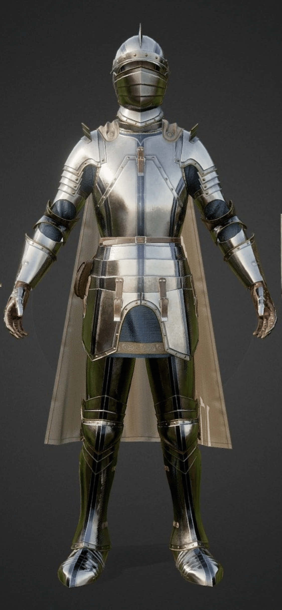 銀色甲冑 iPhone XS Mordhau 背景 壁紙 — 一套閃亮的銀色板甲，配以飄逸的披風，在黑暗的攝影棚背景下蓄勢待發。