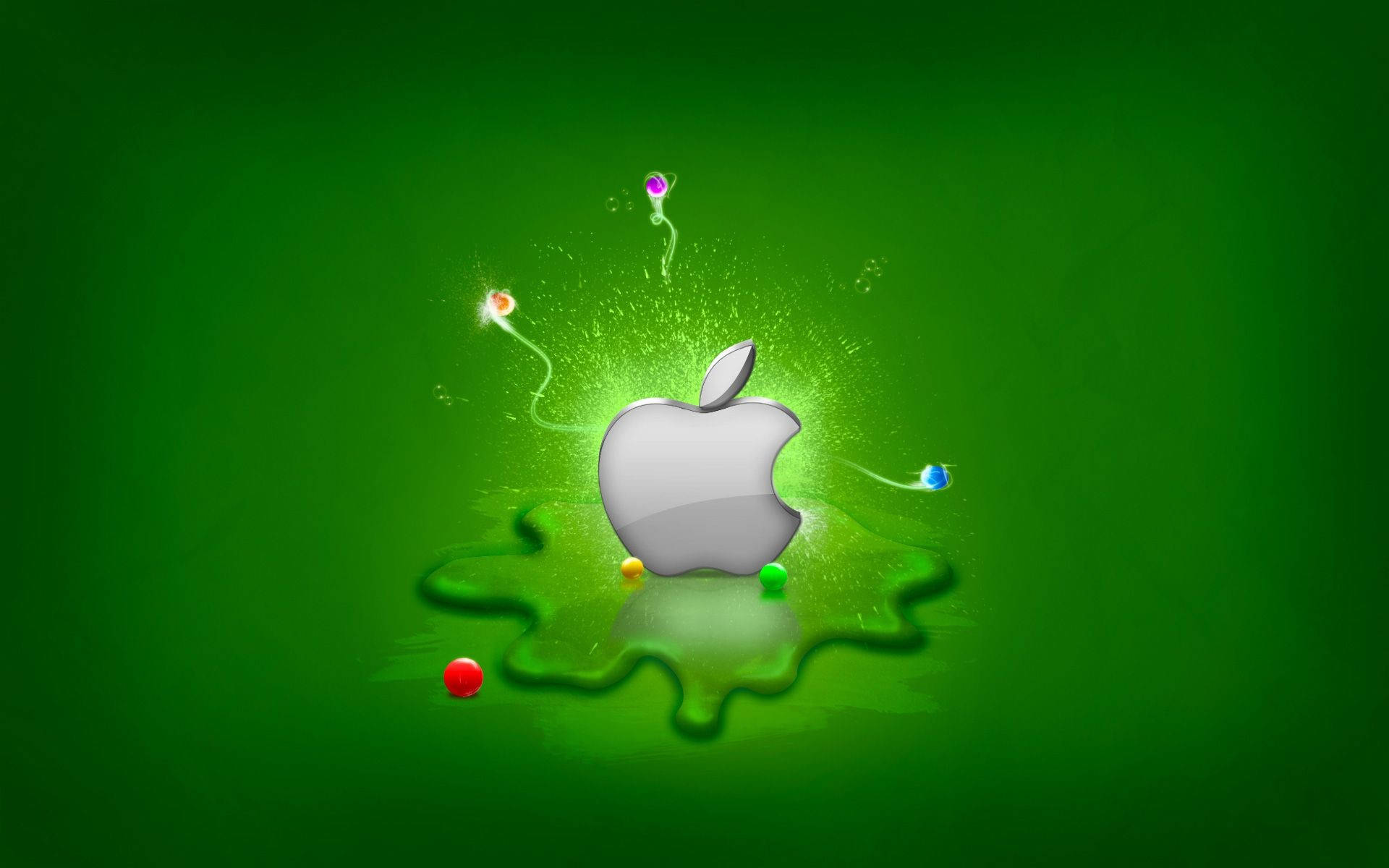 閃亮的Apple標誌被發光粒子包圍在綠色背景上。