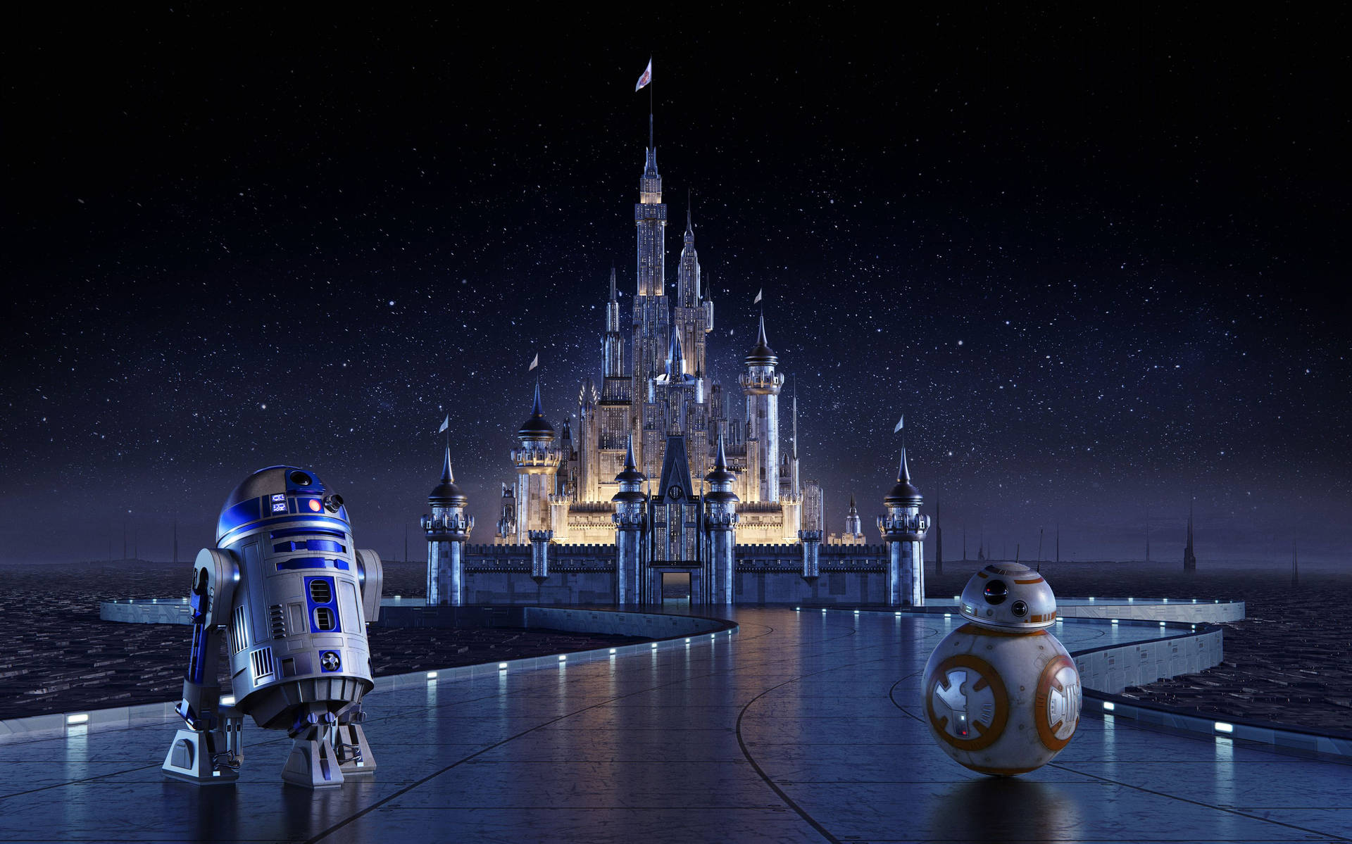 R2-D2 和 BB-8 機械人在夜晚星空下，位於燈光璀璨的迪士尼城堡前。