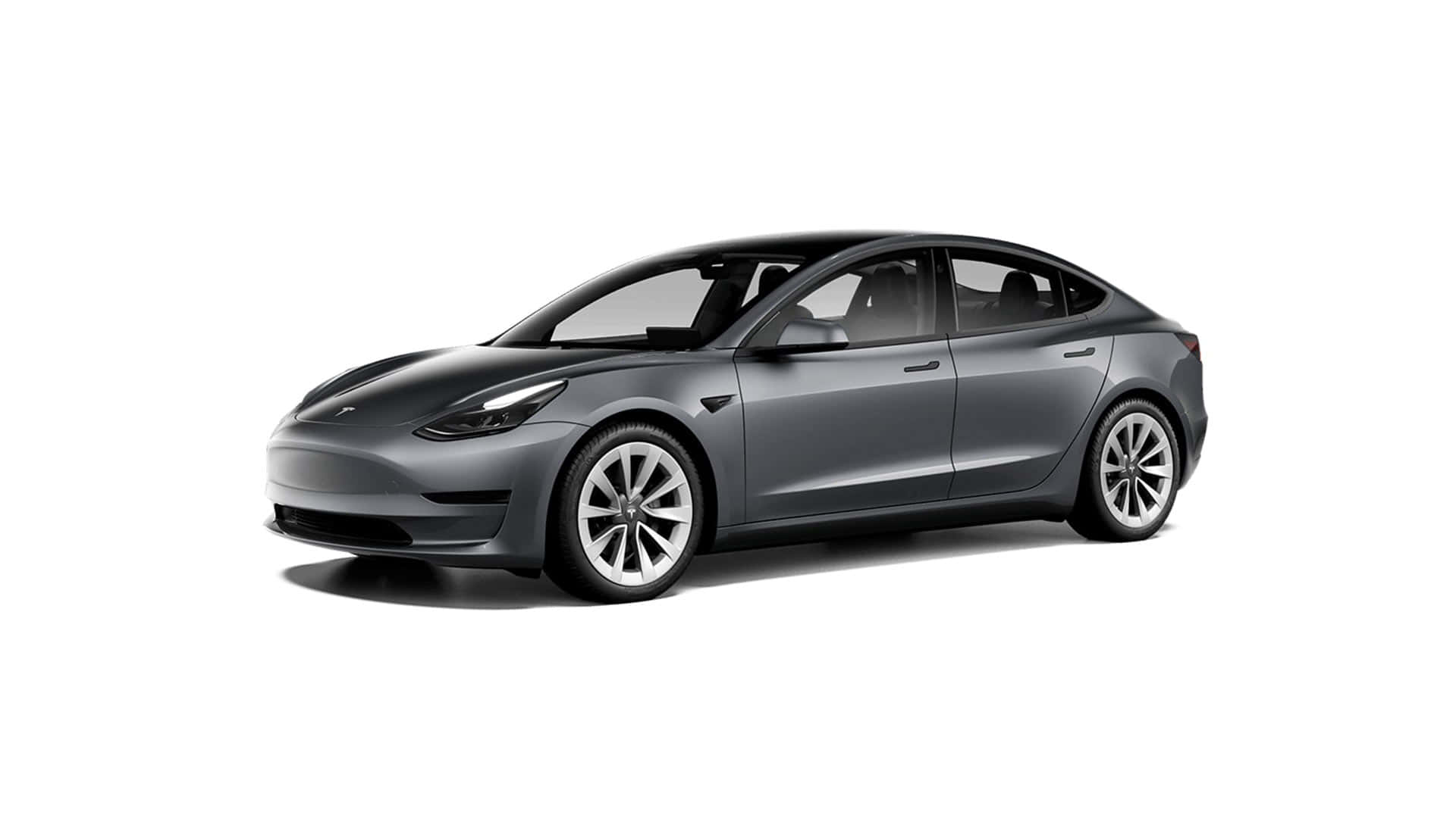 銀色金屬背景 壁紙 — 一輛時尚的灰色 Tesla Model 3 轎車，在乾淨的白色背景上以側面輪廓呈現，帶有柔和陰影。