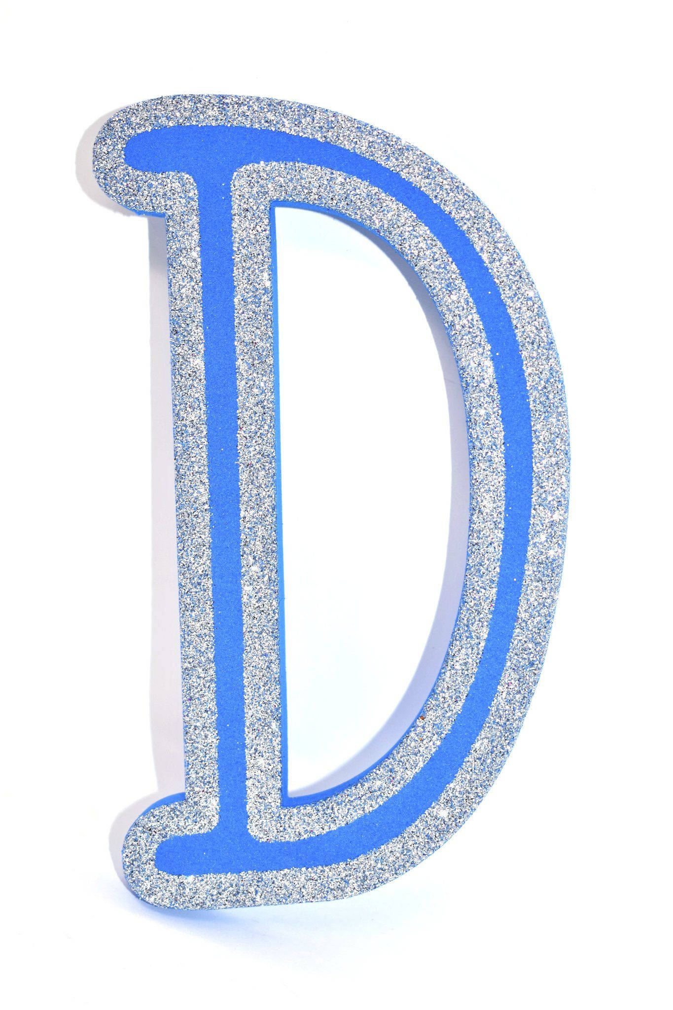 銀色閃粉字母D 壁紙 — 一個大膽的藍色字母D，帶有銀色閃粉邊緣，孤立在乾淨的白色背景上。