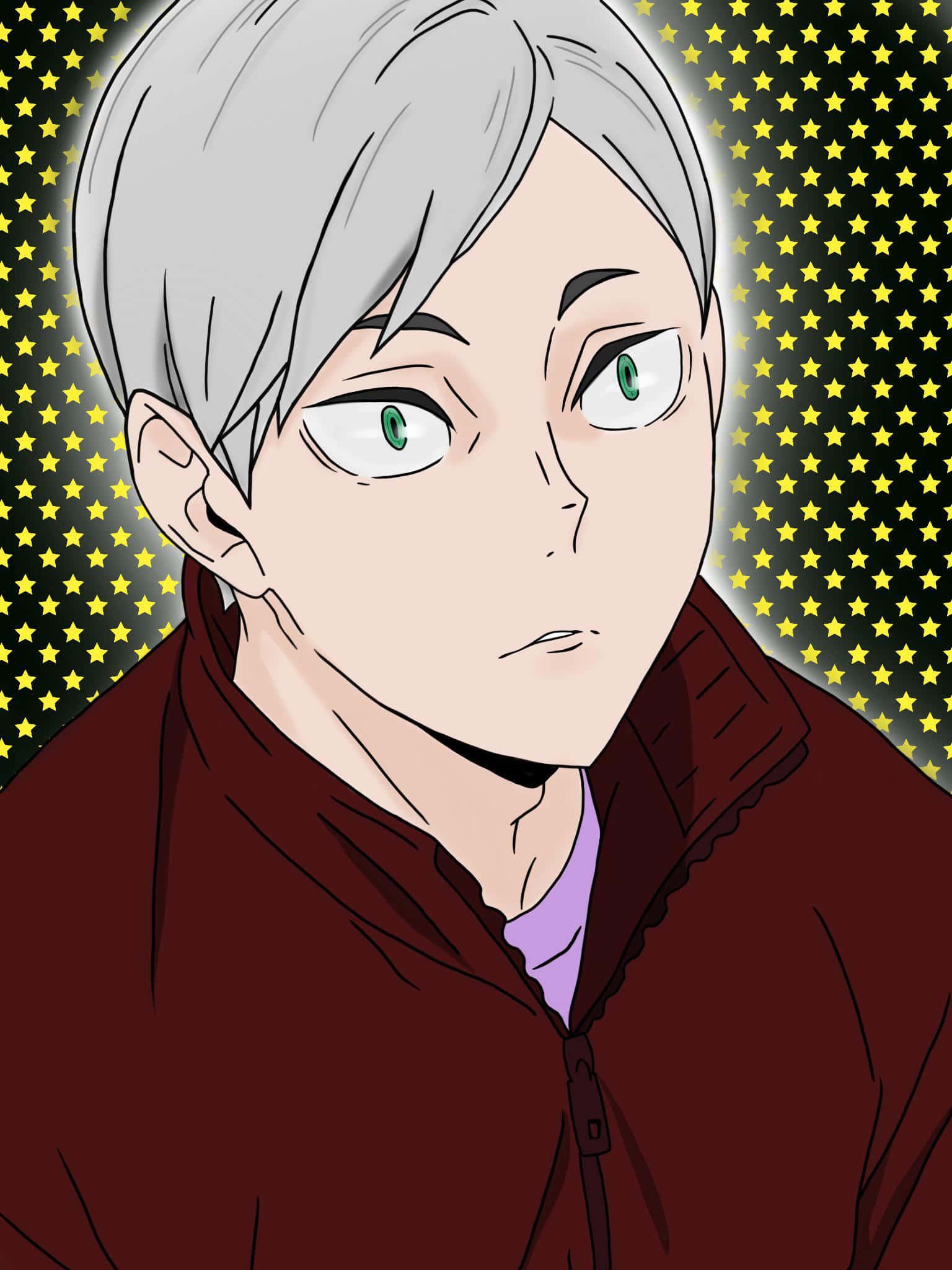 Lev Haiba 桌布 壁紙 — 銀色頭髮和綠色眼睛的動漫角色，在點綴著黃色星星的黑色背景上凝視著。