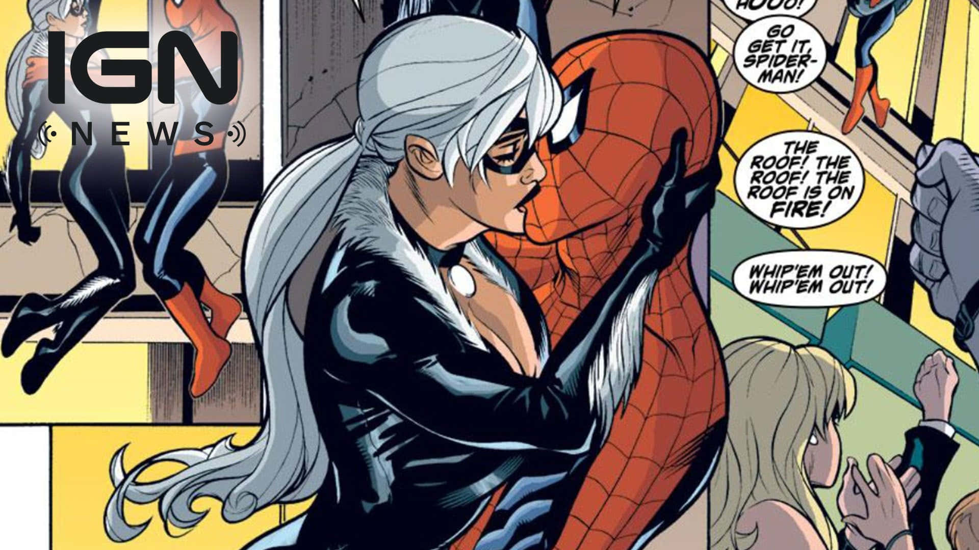 Silver Sable 桌布 壁紙 — 銀貂在漫畫格中擁抱蜘蛛俠，旁觀者因火災而驚慌。