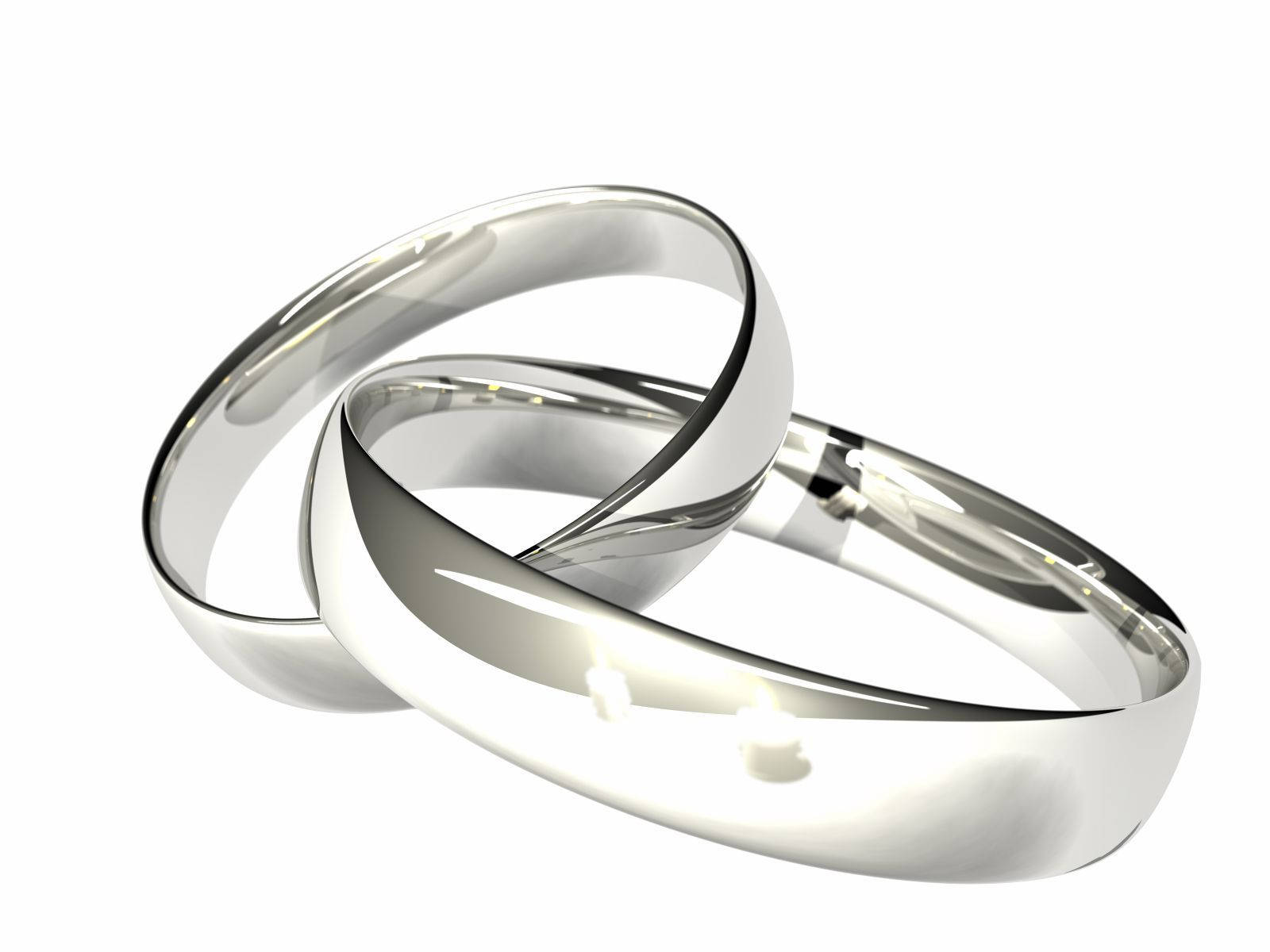 銀質婚戒情侶款 壁紙 — 兩隻閃亮的銀色結婚戒指在純白背景上交織，帶有柔和的高光。