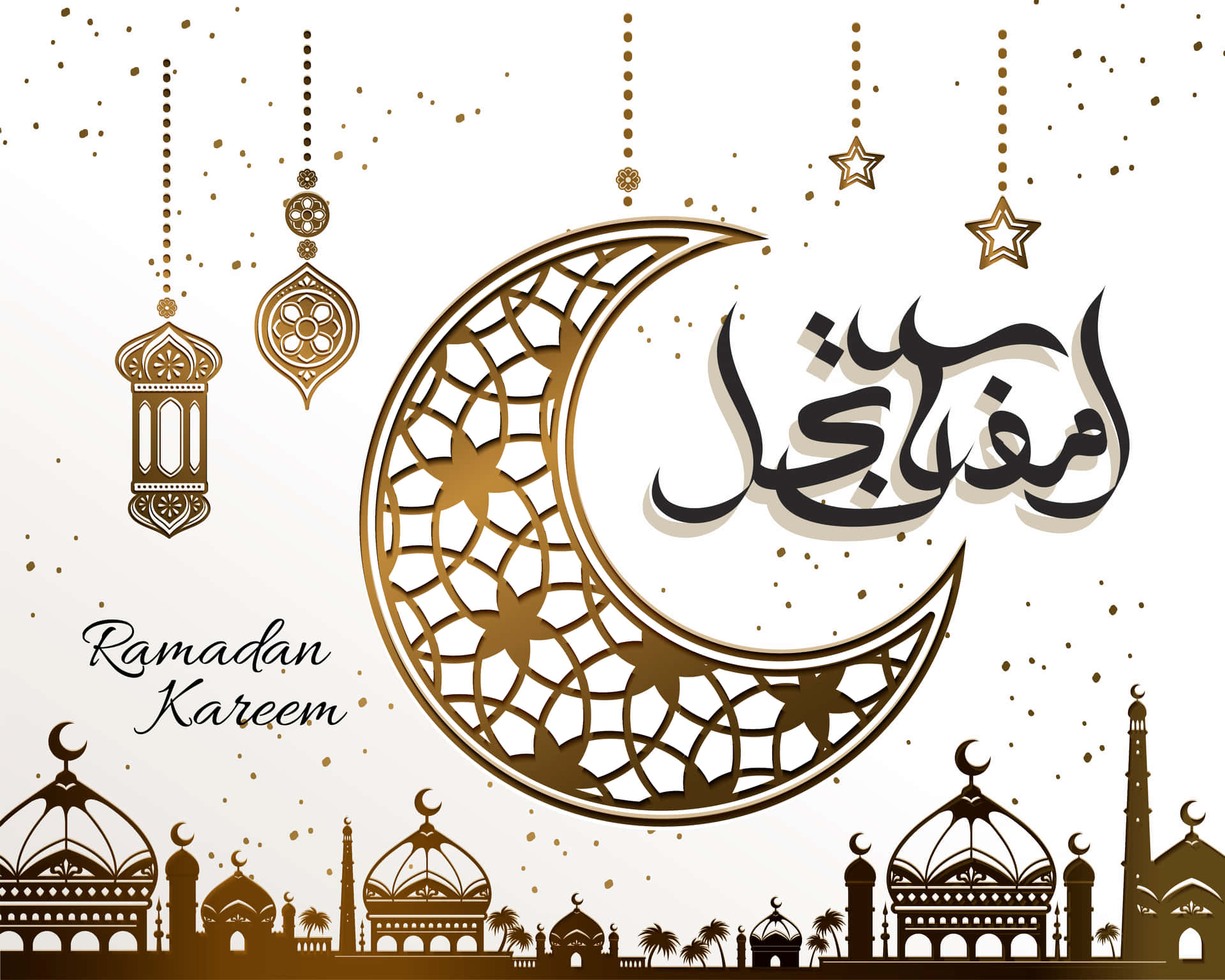 Ramadan Kareem 問候，帶有新月和清真寺剪影。