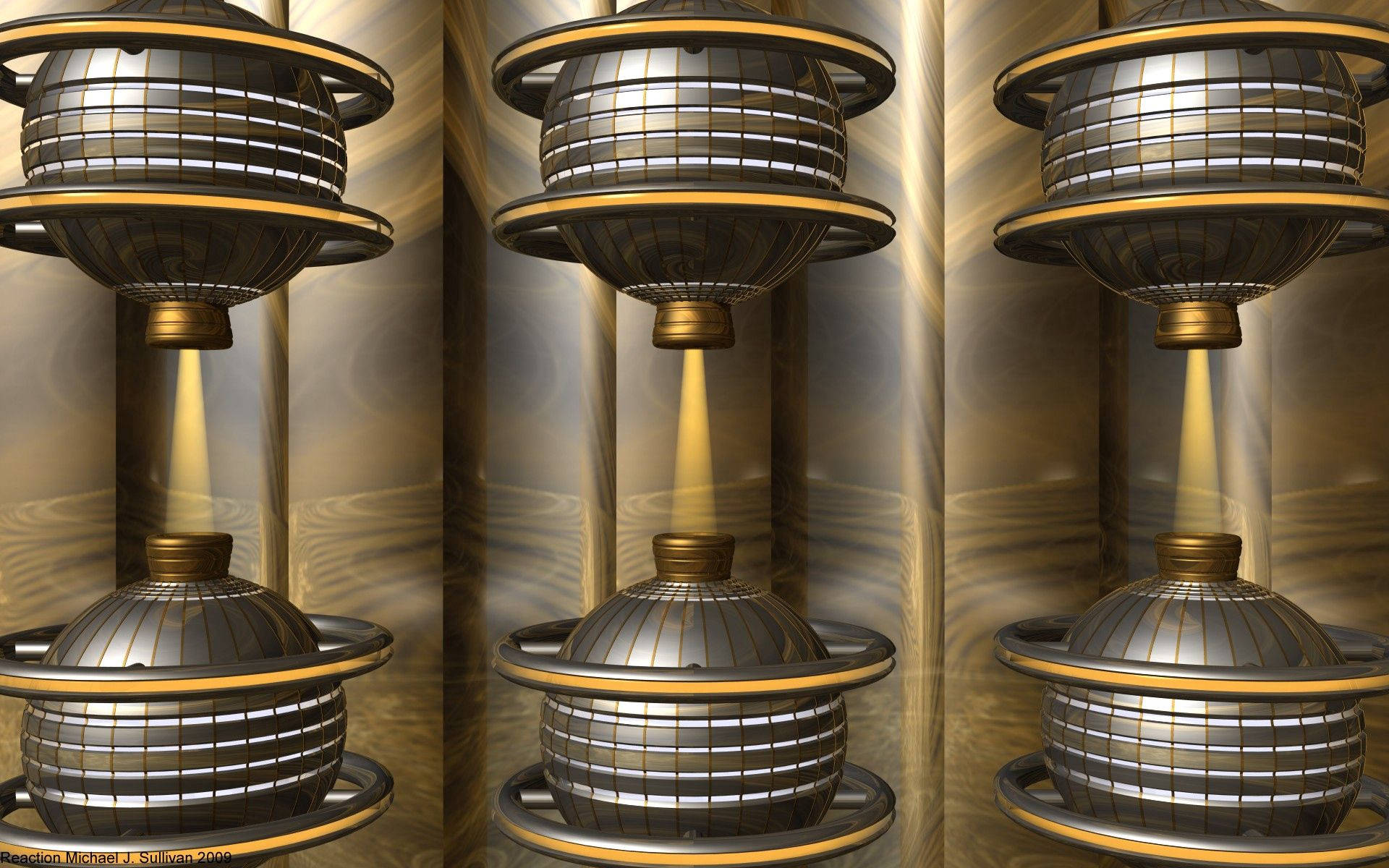 三盞相同的未來風格燈具，帶有金色環和溫暖光線，置於反光金色環境中。