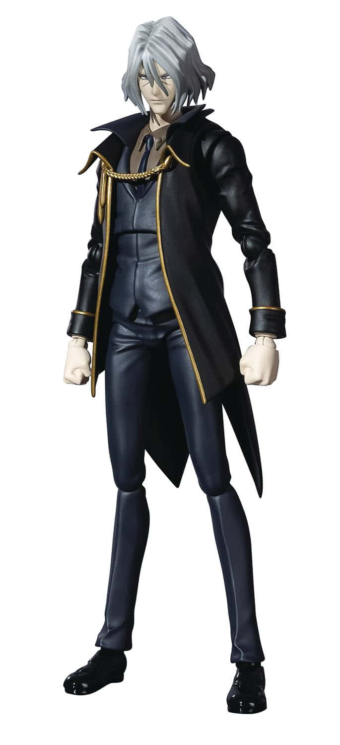 Cowboy Bebop Vicious 桌布 壁紙 — 銀髮、金色邊飾黑色外套的動漫人偶，在白色背景前以完整姿勢站立。