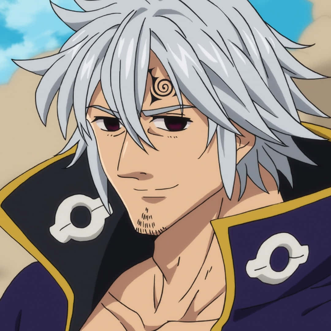 Seven Deadly Sins Estarossa 桌布 壁紙 — 銀髮、額頭有螺旋標記、露出自信笑容的動畫男性特寫。