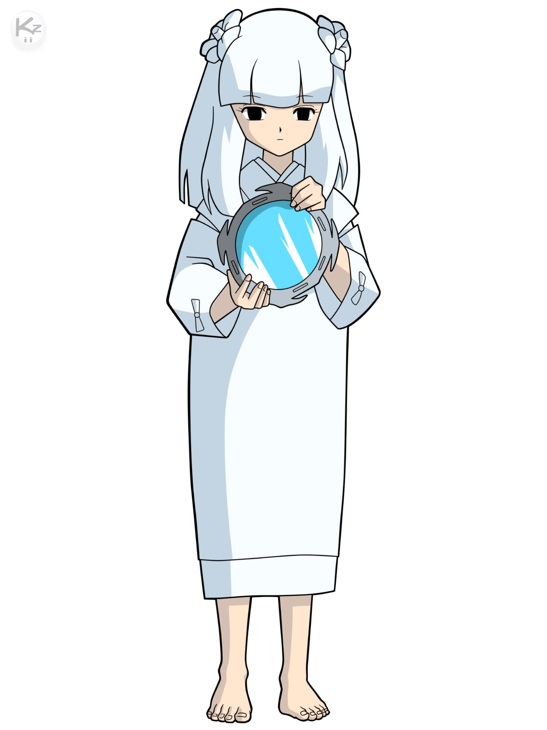 Inuyasha Kanna 桌布 壁紙 — 銀髮動漫女孩穿著白色長袍，在純色背景前手持發光藍色球體。