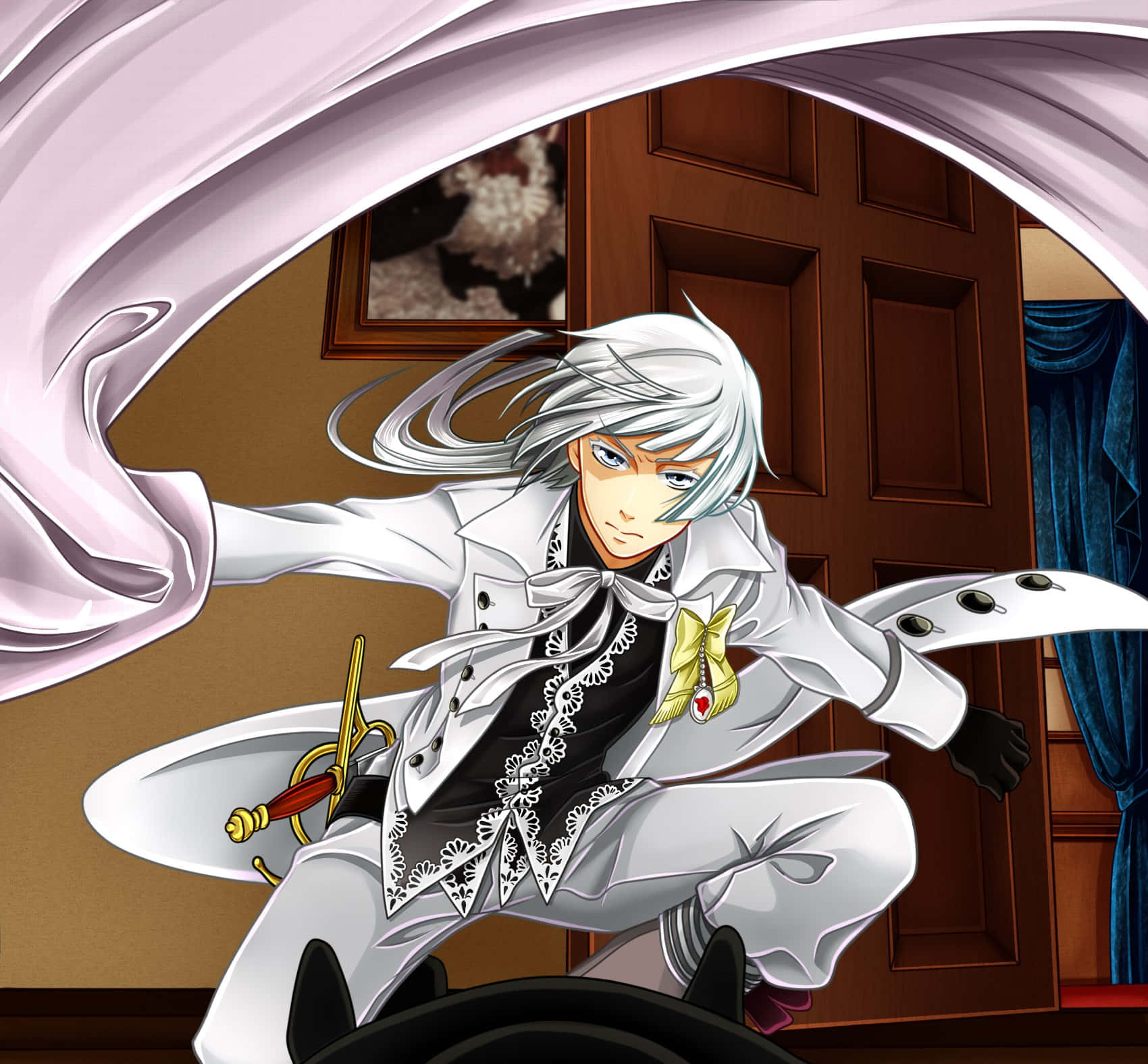 Charles Grey 桌布 壁紙 — 銀髮動漫角色身穿黑白服裝，手持飄逸布料和劍，動態地跳過門口。
